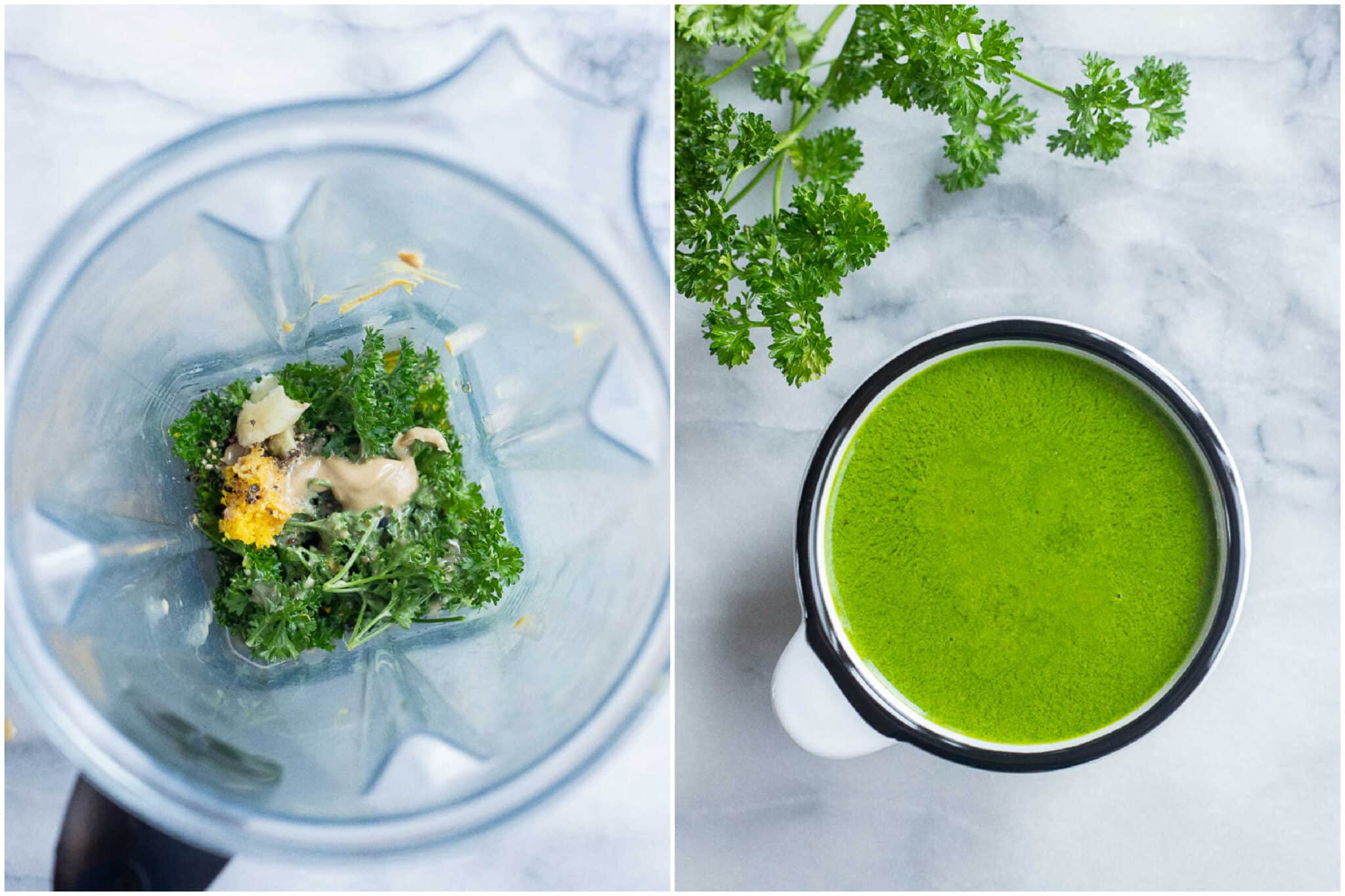 lemon parsley tahini dressing before and after it has been blended up