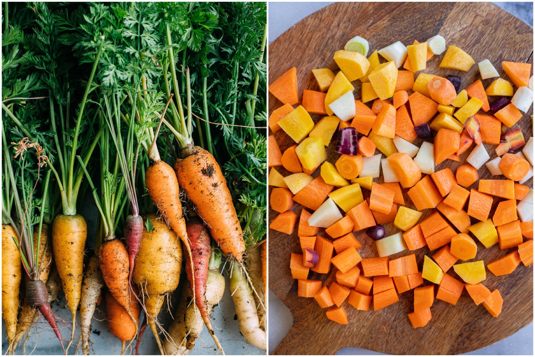 carrots that have been picked from the garden cut up on a cutting board