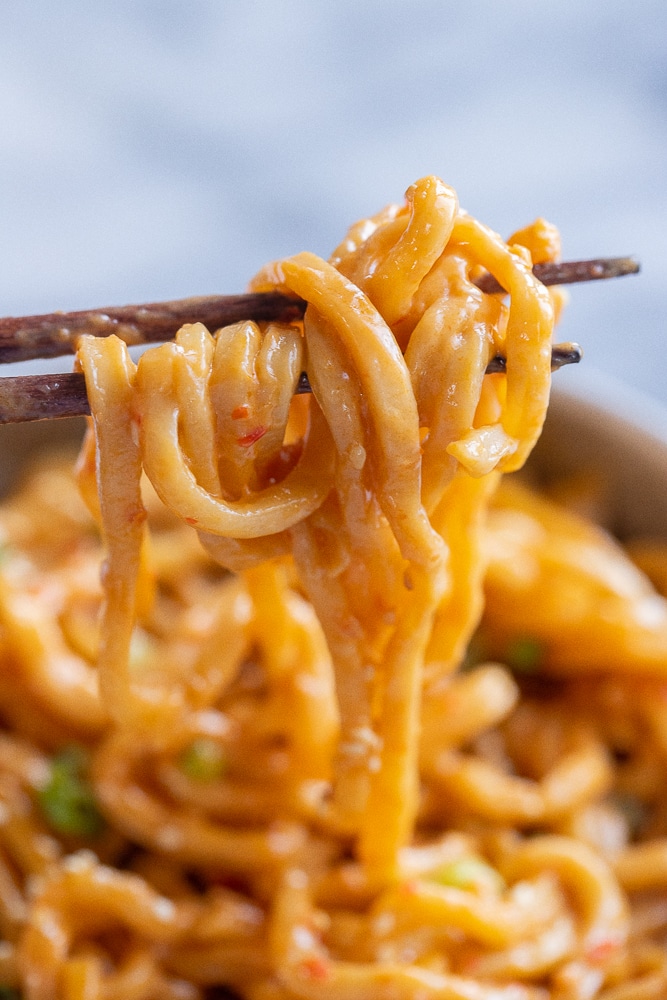 close up of chopsticks holding some Asian inspired coconut noodles