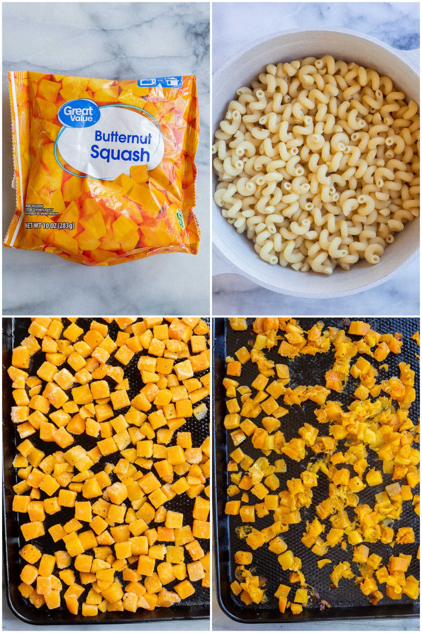 showing how to prepare the roasted butternut squash and the pasta