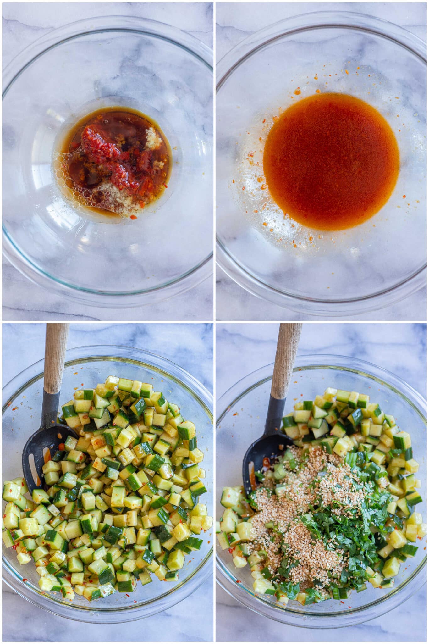 showing how to make the dressing and mix the cucumbers and fresh herbs into it