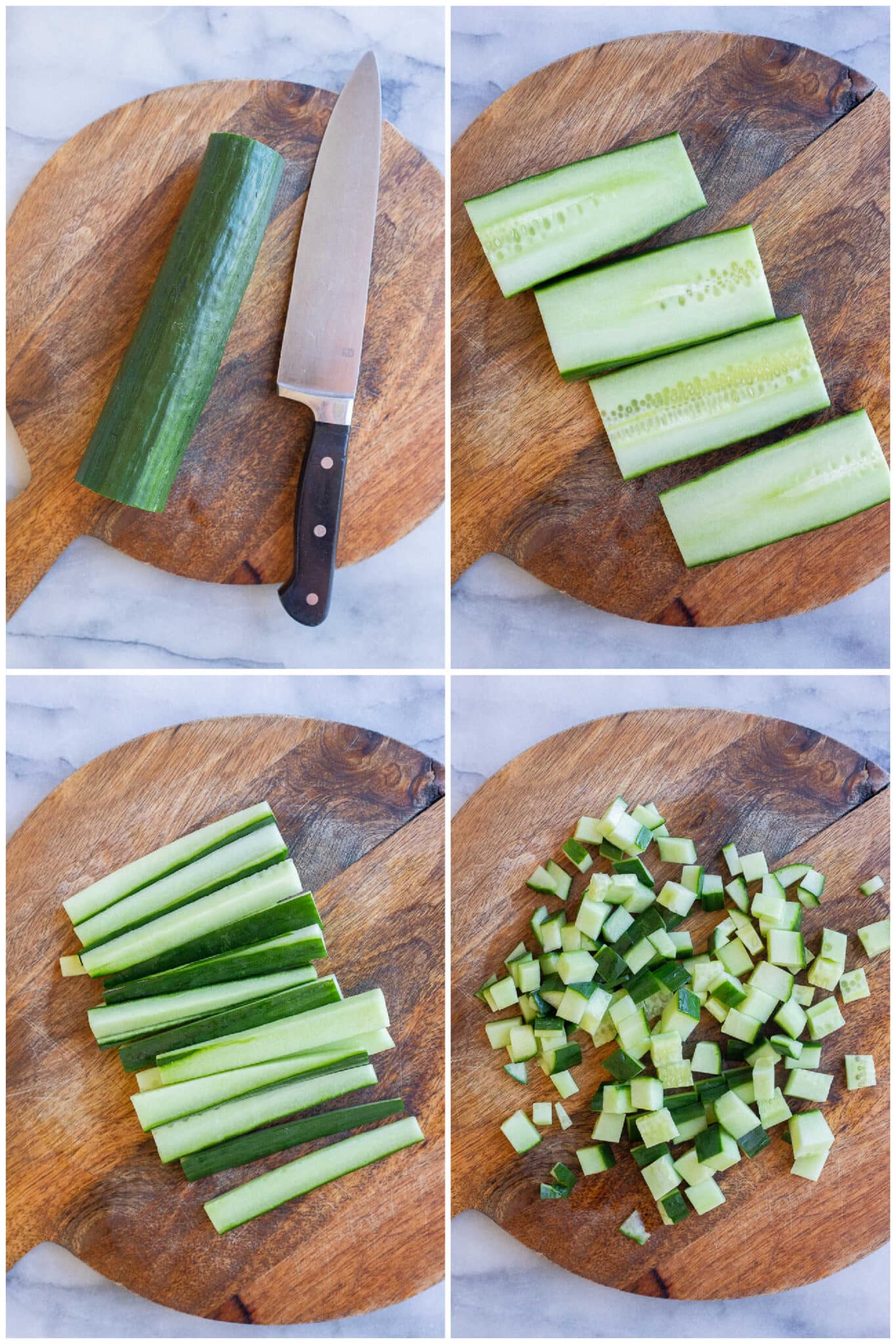 showing how to dice up the cucumbers into bite sized pieces