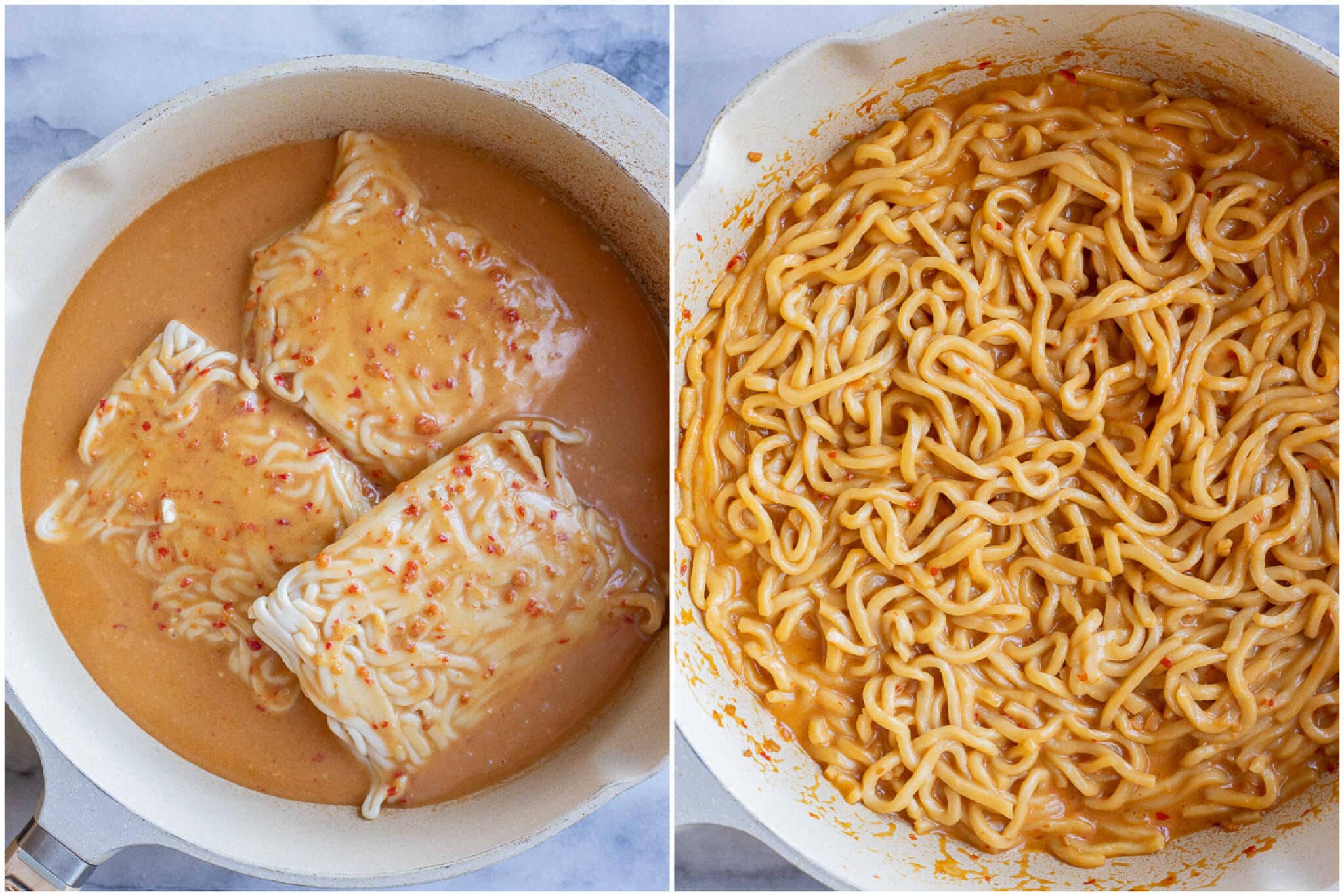 showing how to make vegan creamy coconut noodles in a saucepan