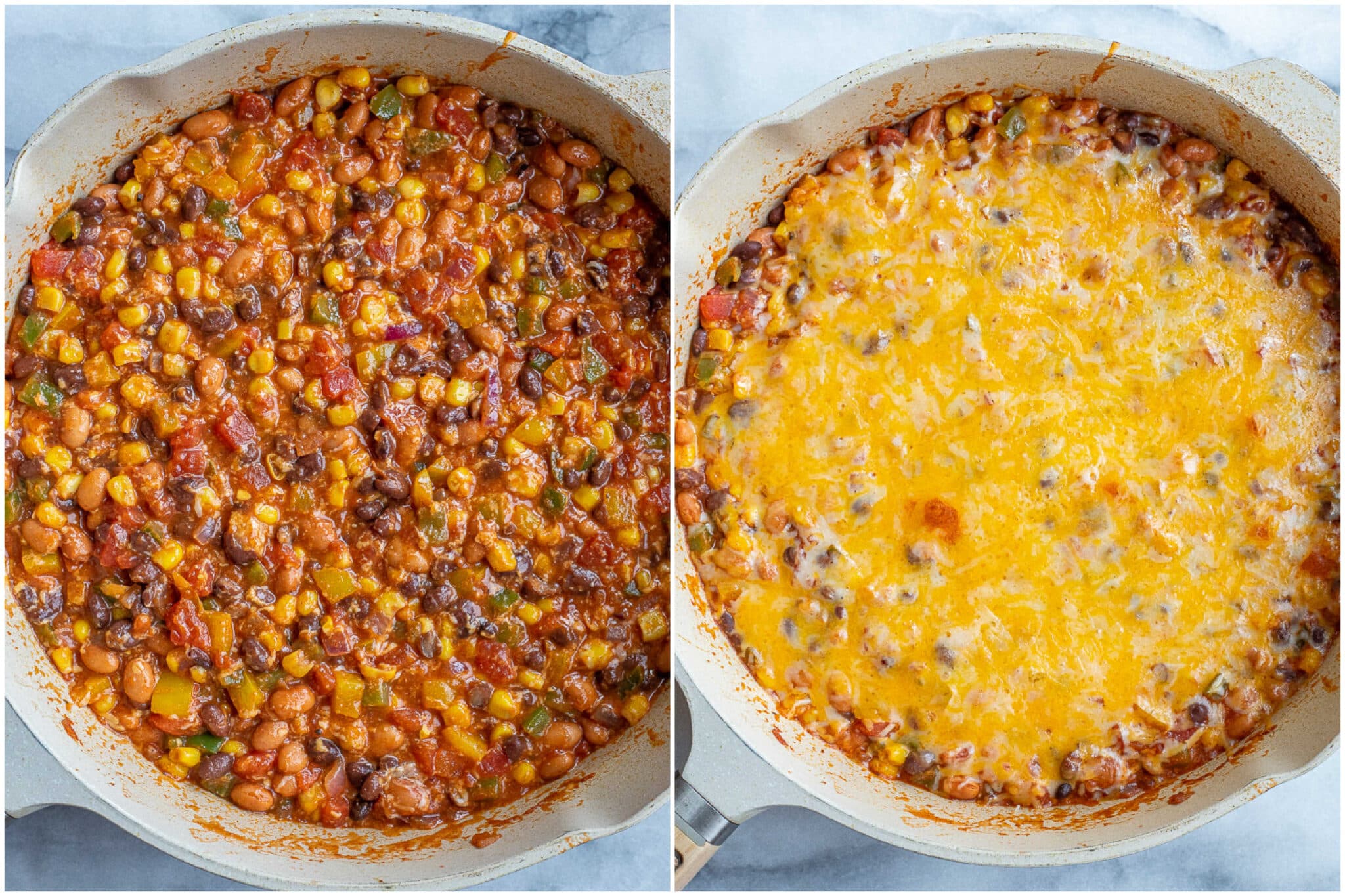 one pot taco skillet before and after cheese is melted on top