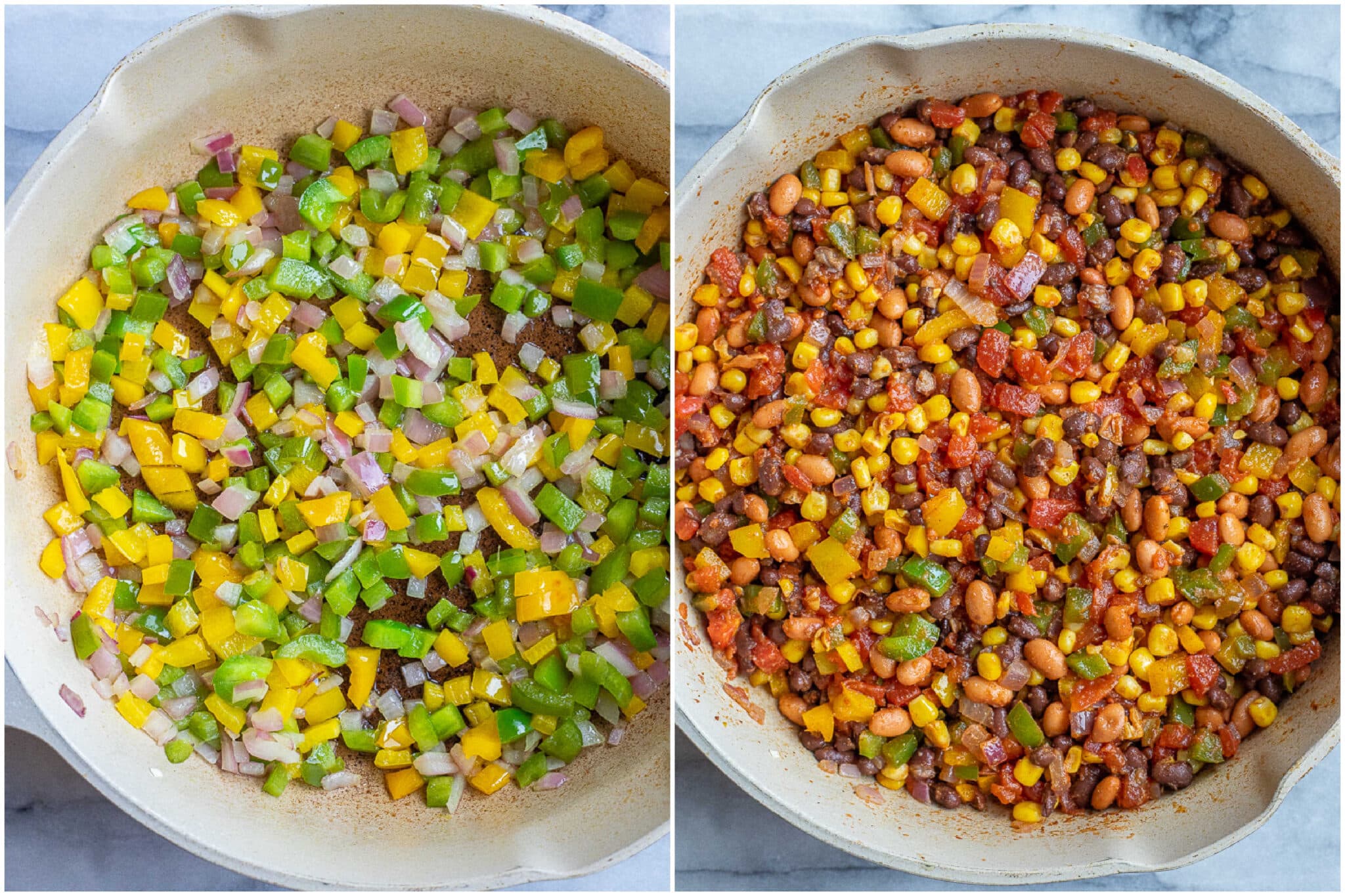 showing how to prepare the vegetables and bean mixture for this vegetarian taco skillet recipe