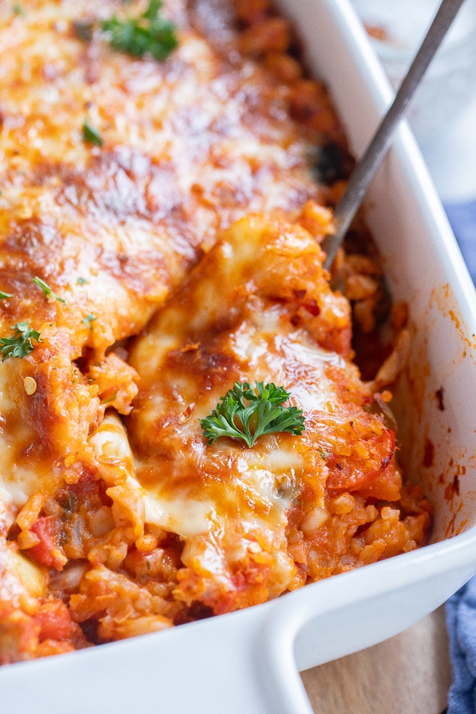 Vegetarian Pizza Casserole with White Beans and Rice