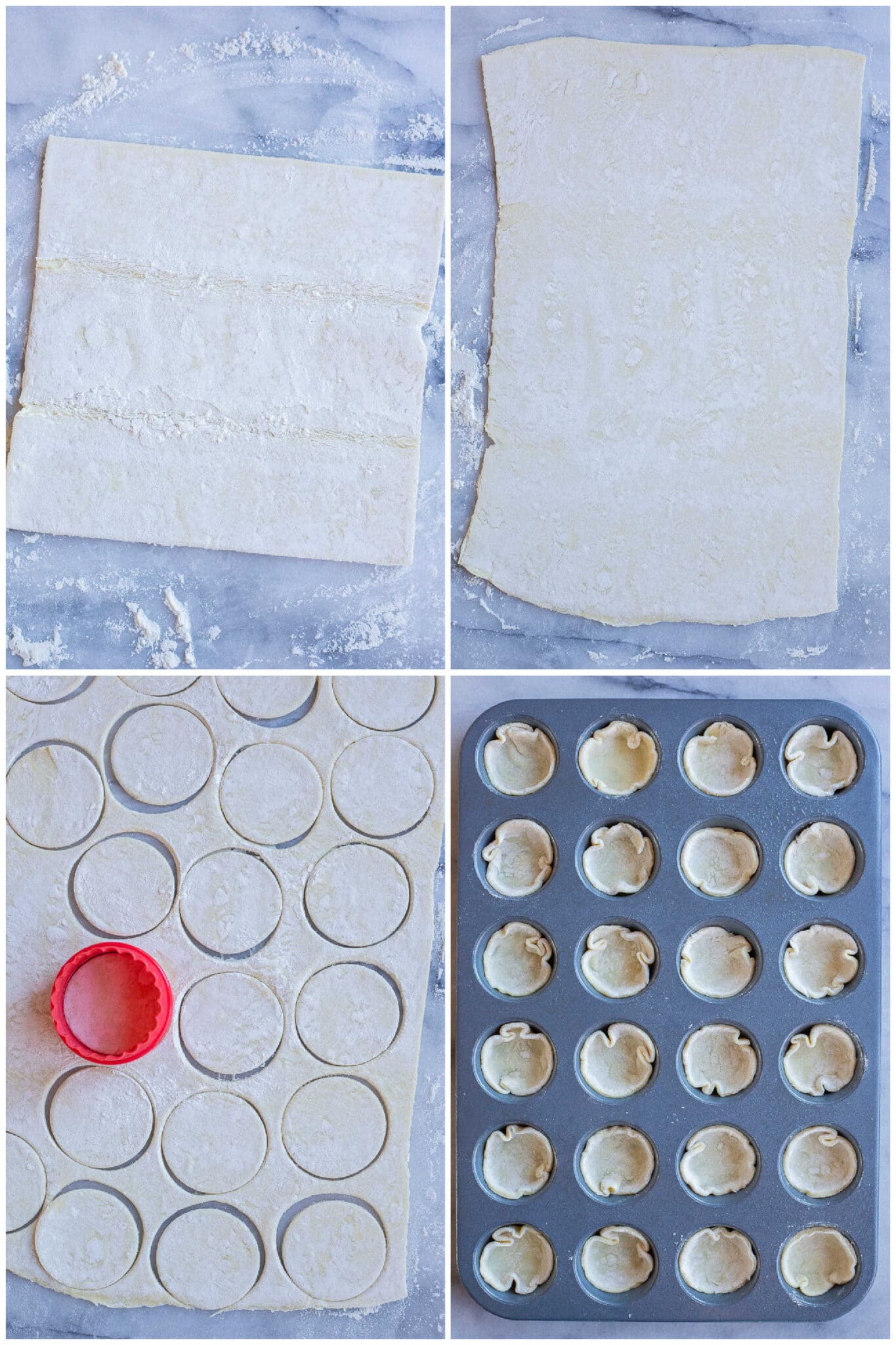 showing how to roll out the puff pastry and cut it into equal sized pieces