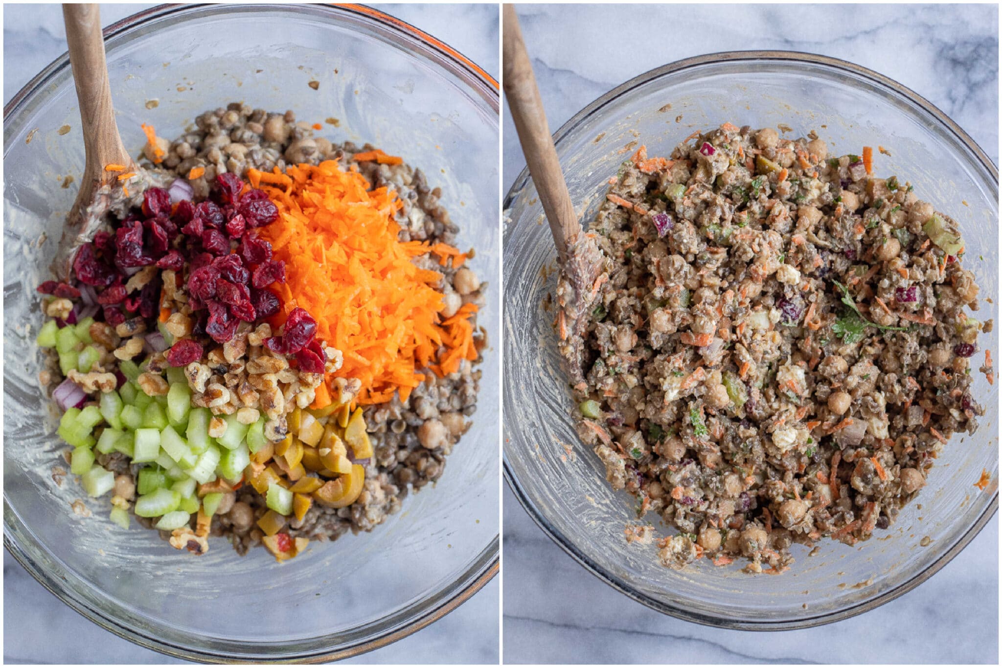 showing how to assemble this easy vegetarian lentil salad