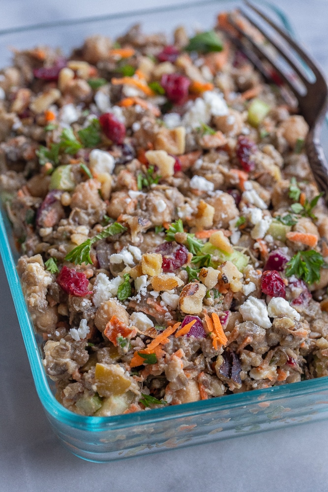 loaded lentil salad in a meal prep container for lunch