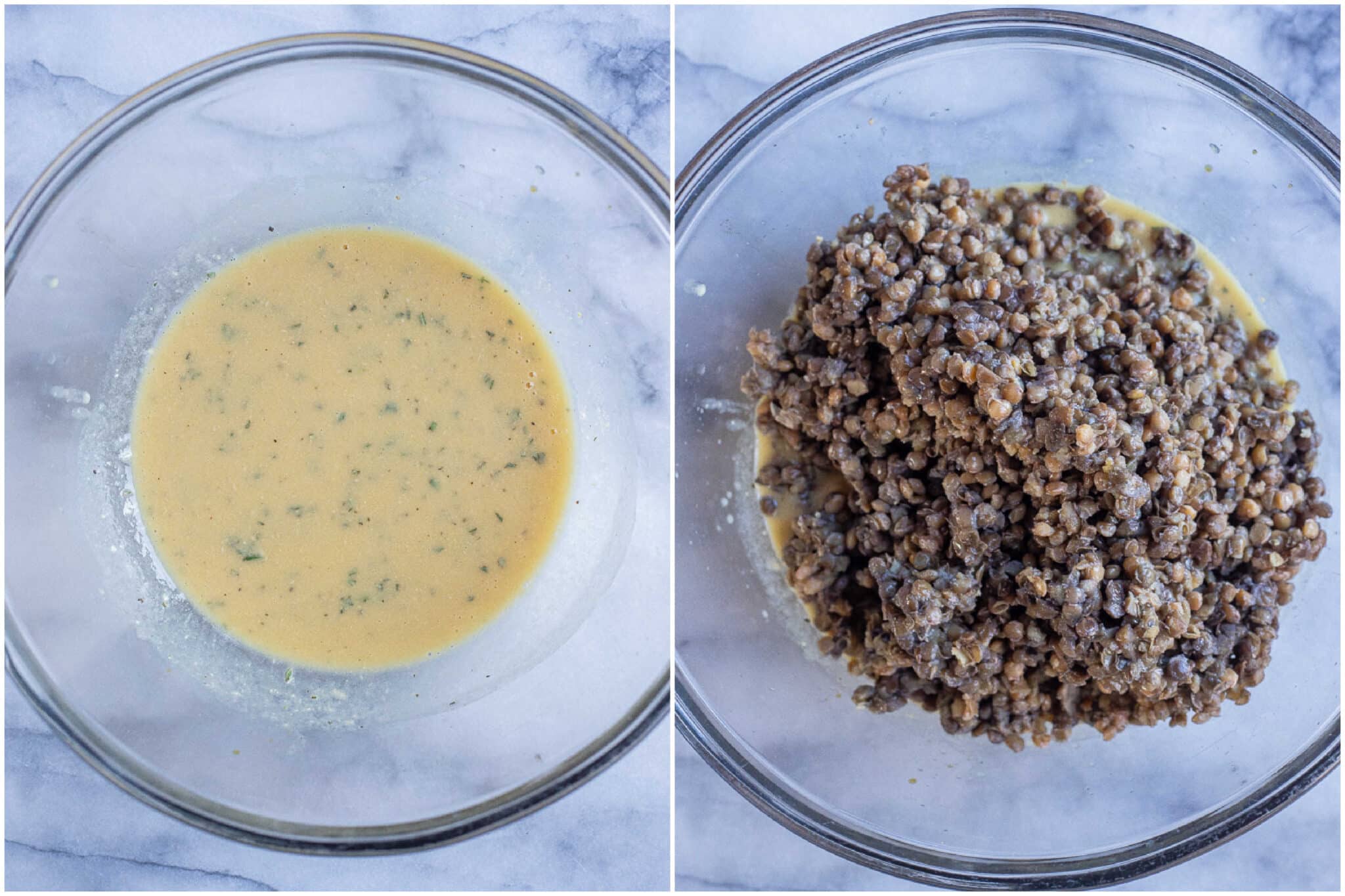 showing how to prepare the dressing for this loaded lentil salad with chickpeas