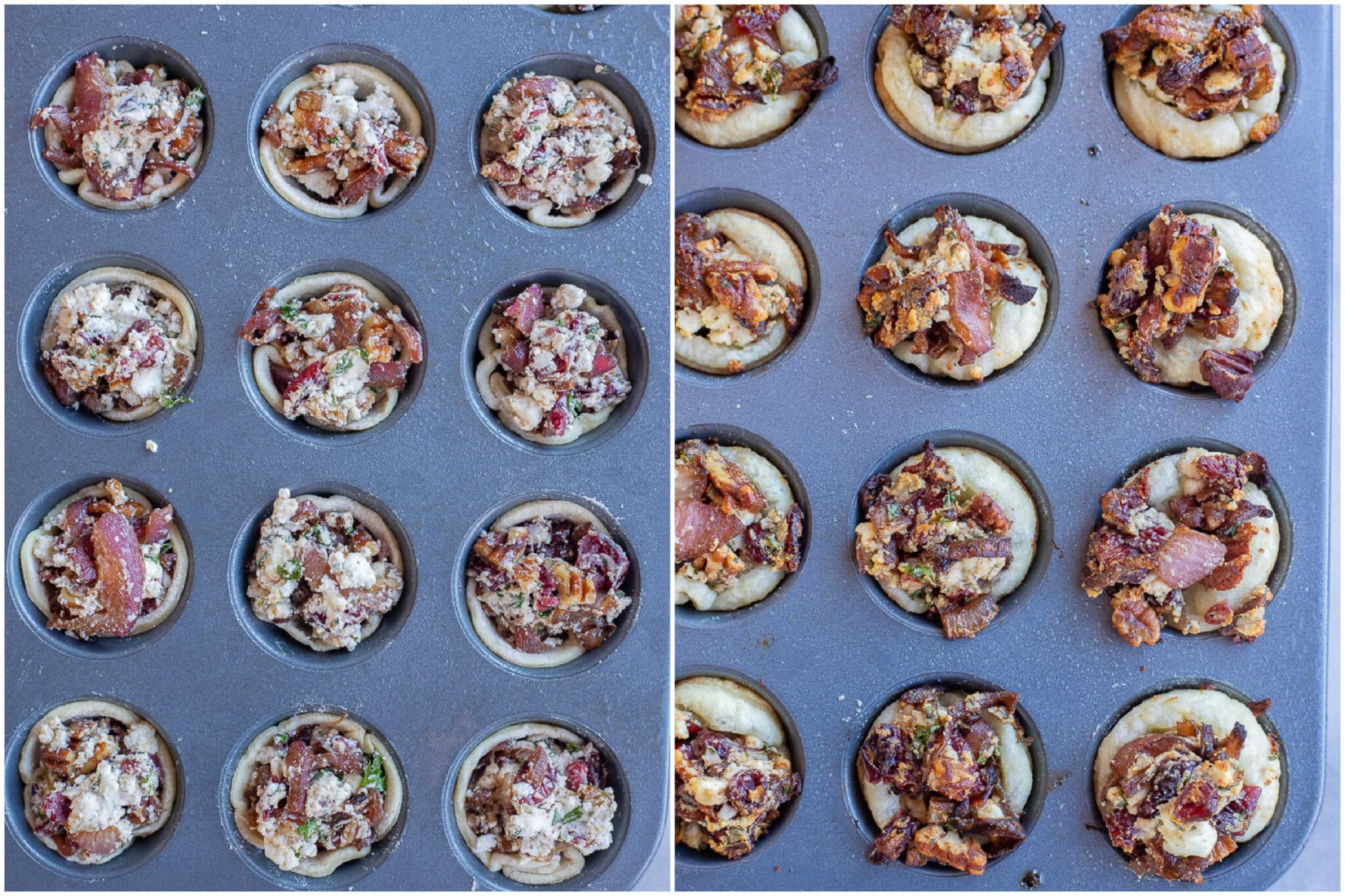 goat cheese puff pastry bites before and after they have been baked