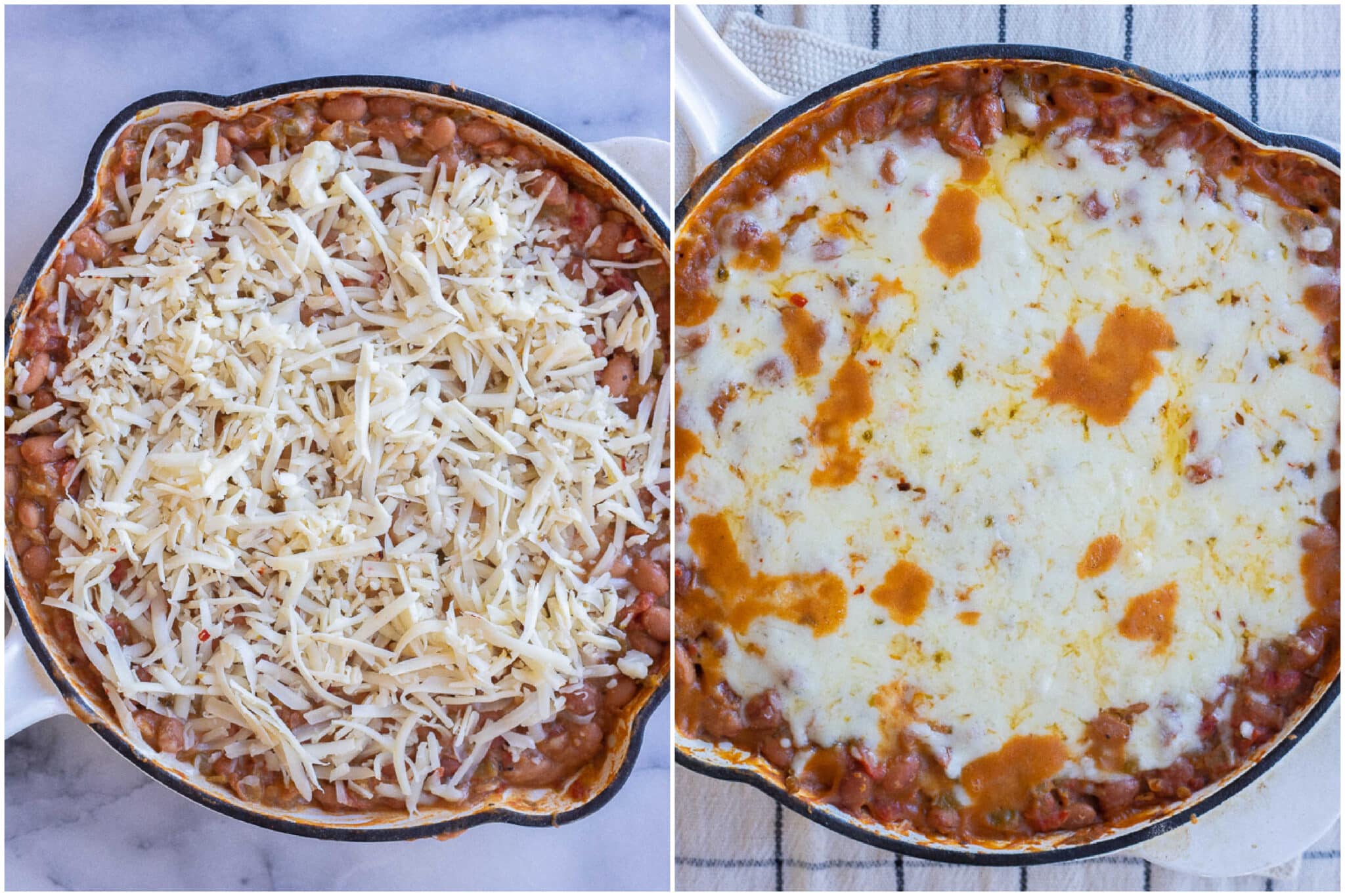 cheesy green chile pinto beans before and after they have been baked in the oven