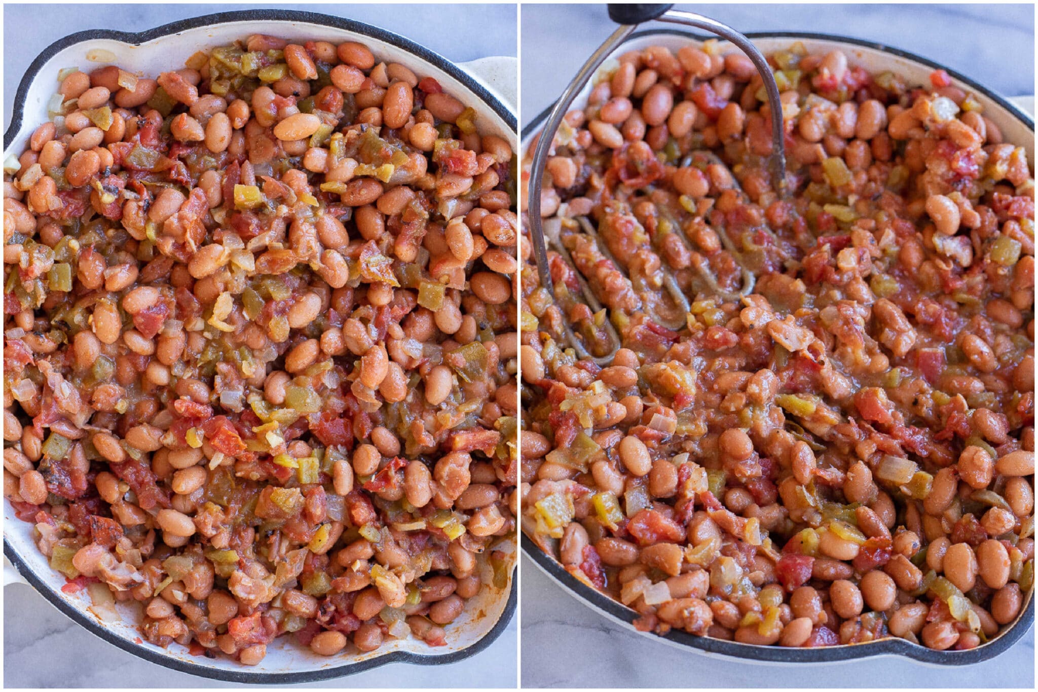 showing how to make these cheesy pinto beans with green chile and canned tomatoes