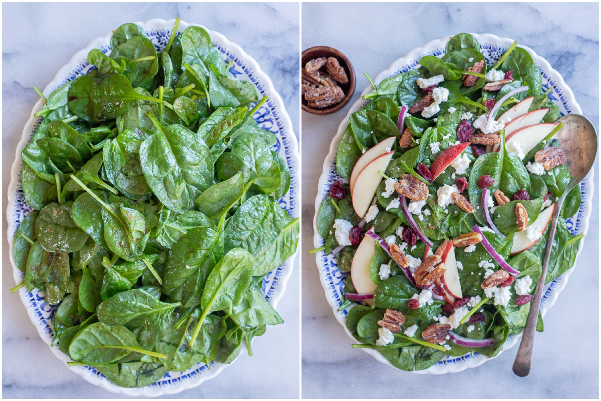 showing how to assemble this easy spinach salad recipe on a platter with toppings