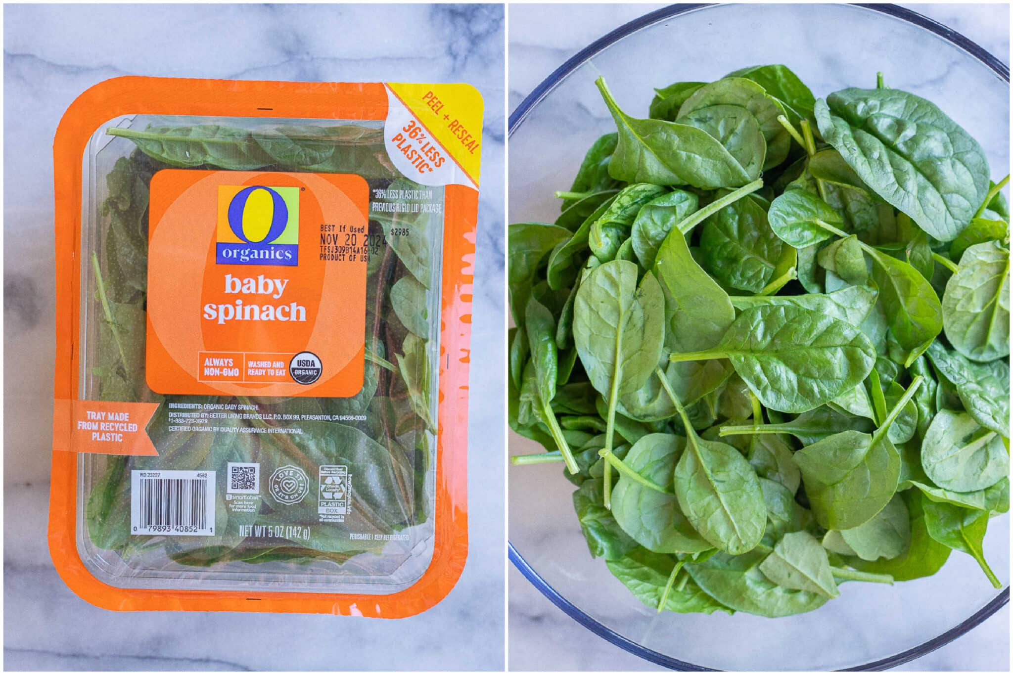 Box of baby spinach leaves poured into a bowl