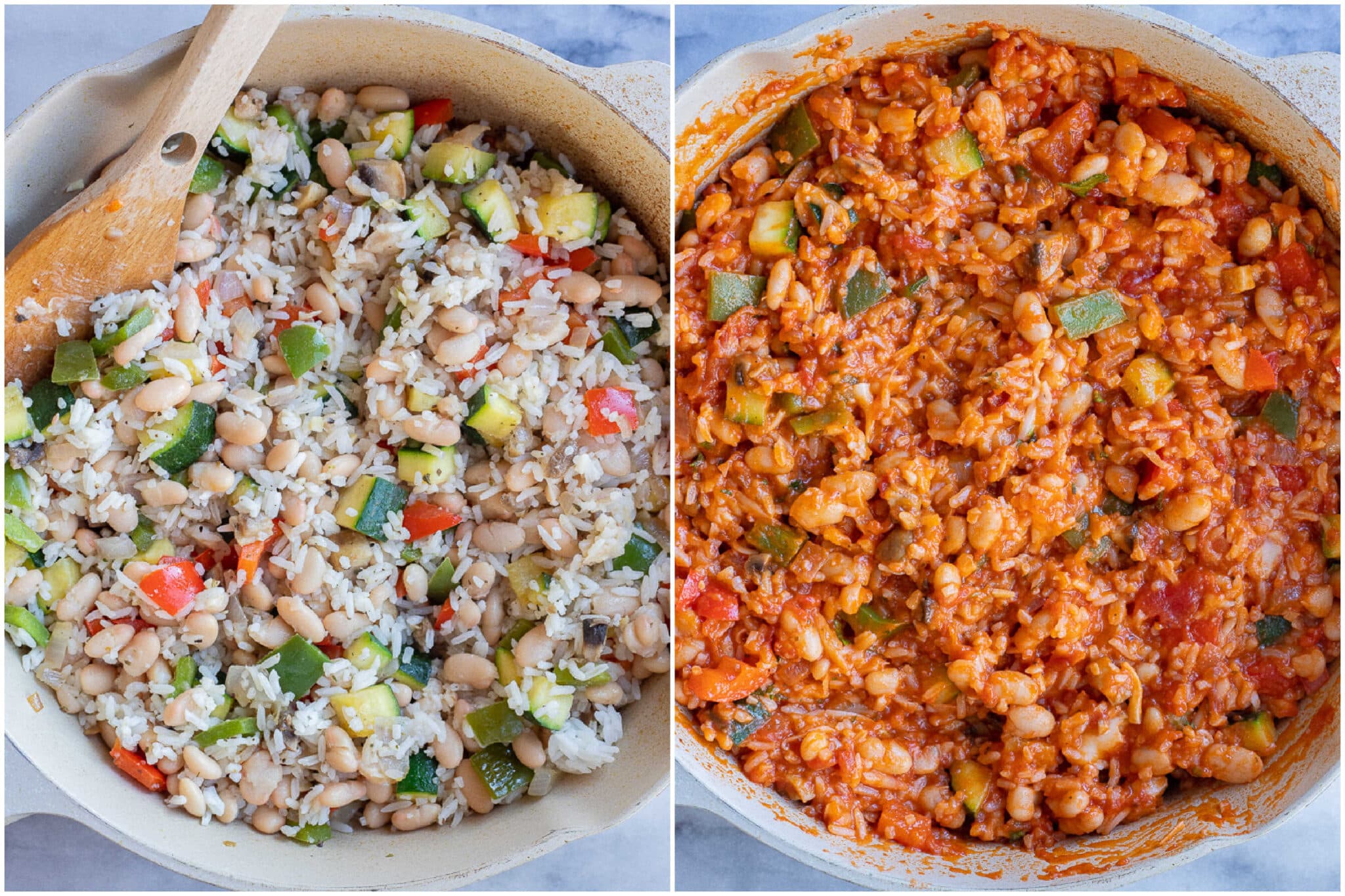 showing how to assemble this vegetarian pizza rice casserole with marinara sauce