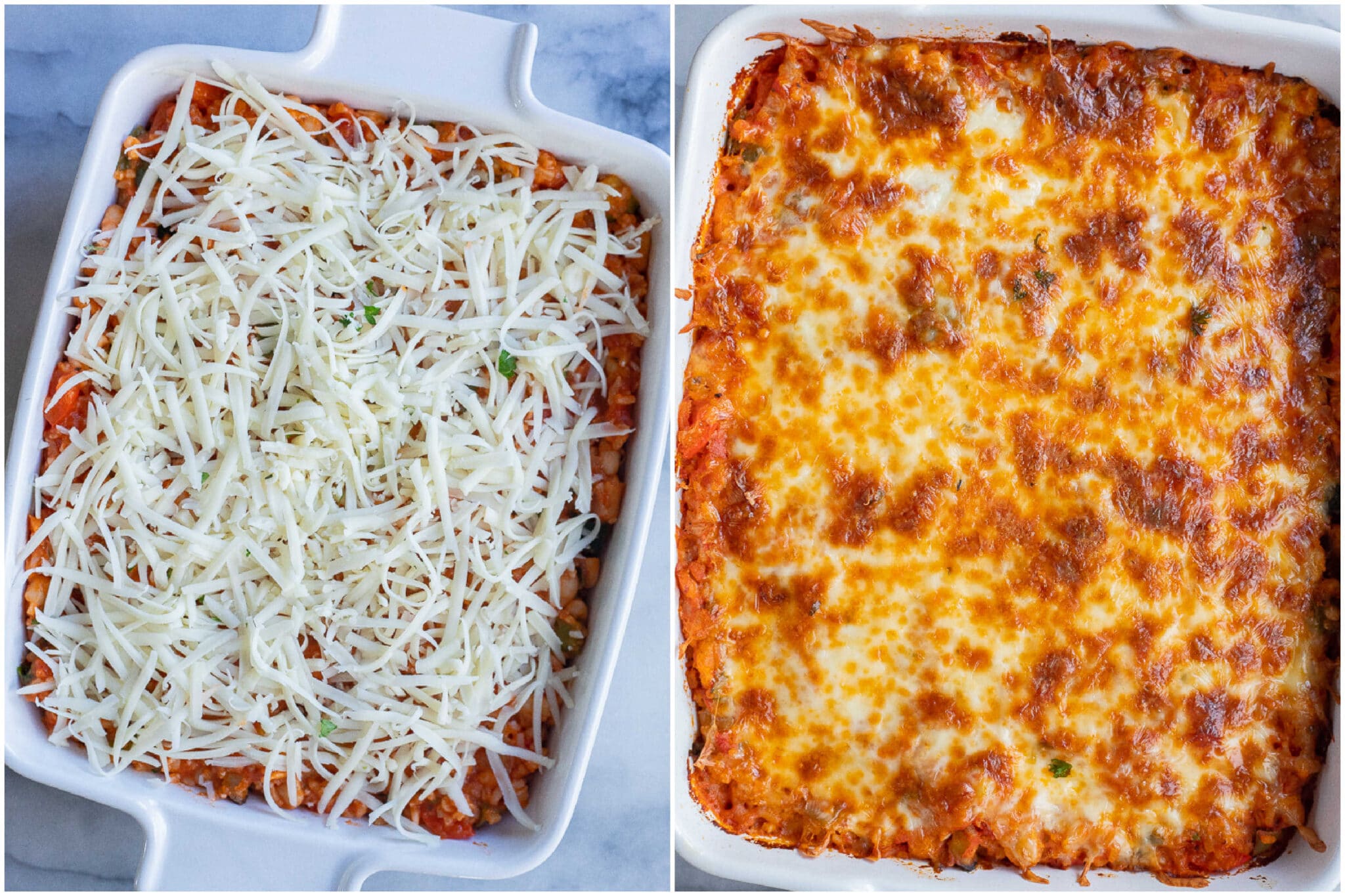 Vegetarian pizza casserole with white beans and rice before and after it has been baked in the oven