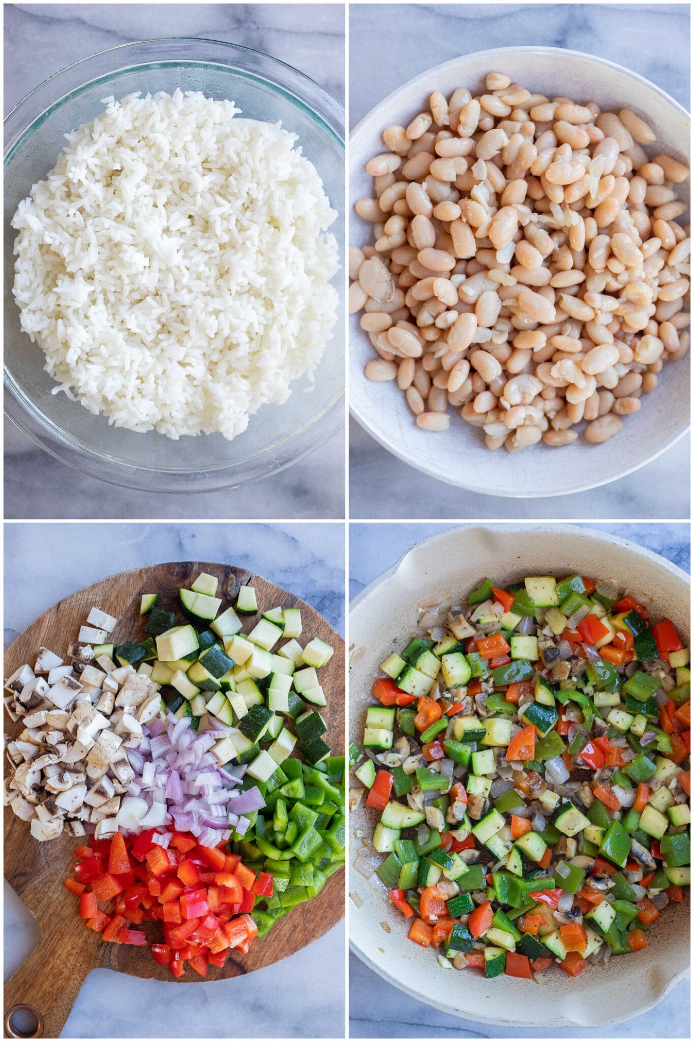 showing how to make this veggie filled white bean and rice pizza casserole recipe