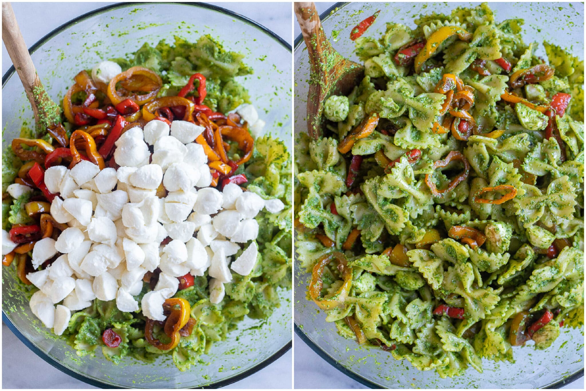 christmas pesto pasta salad before and after it has been mixed together in the bowl