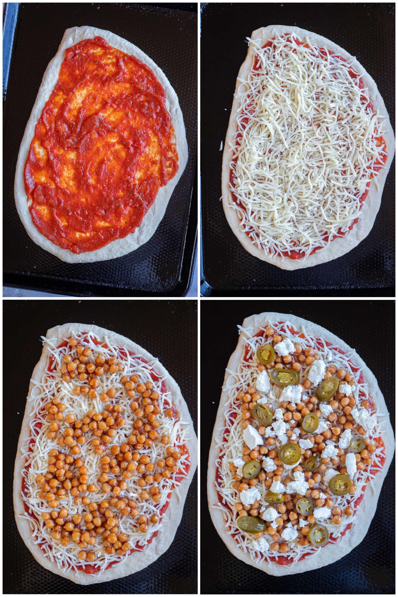 showing how to assemble this sweet and spicy bbq chickpea pizza