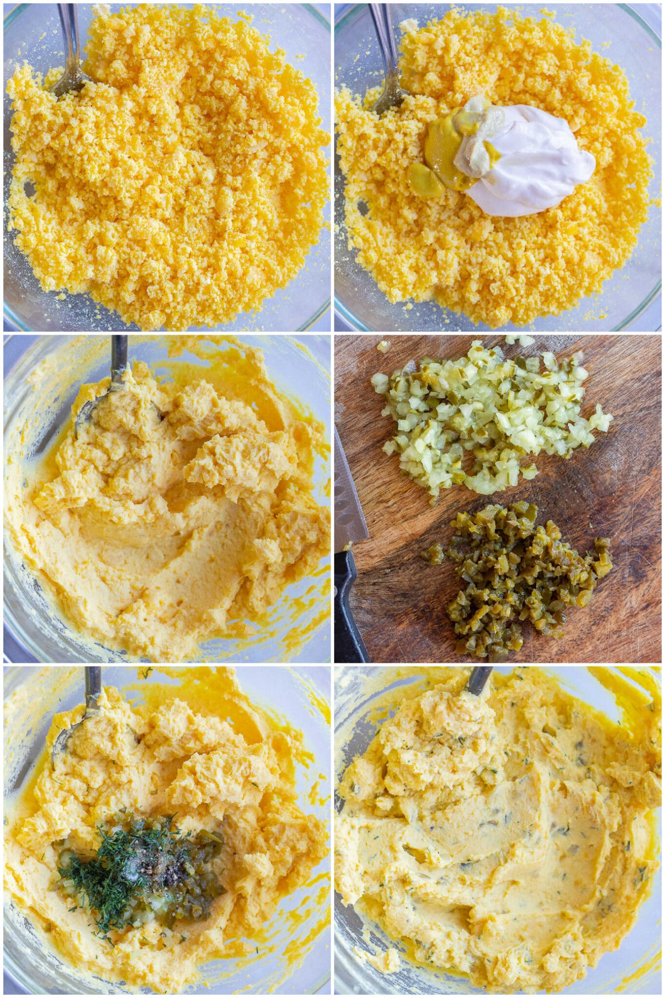 Step by step photos on how to make dill deviled egg mixture.