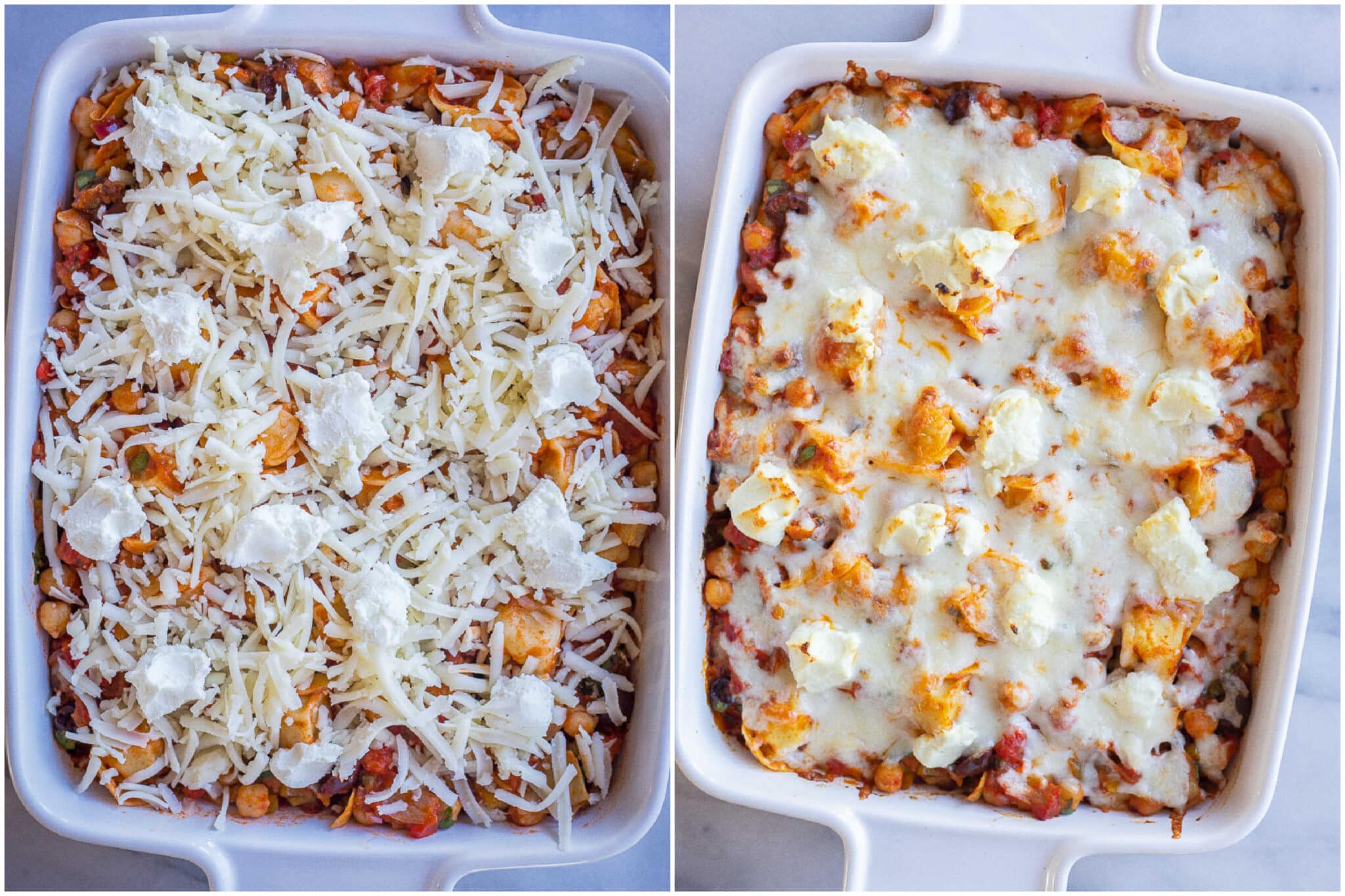 mediterranean tortellini bake before and after it goes in the oven