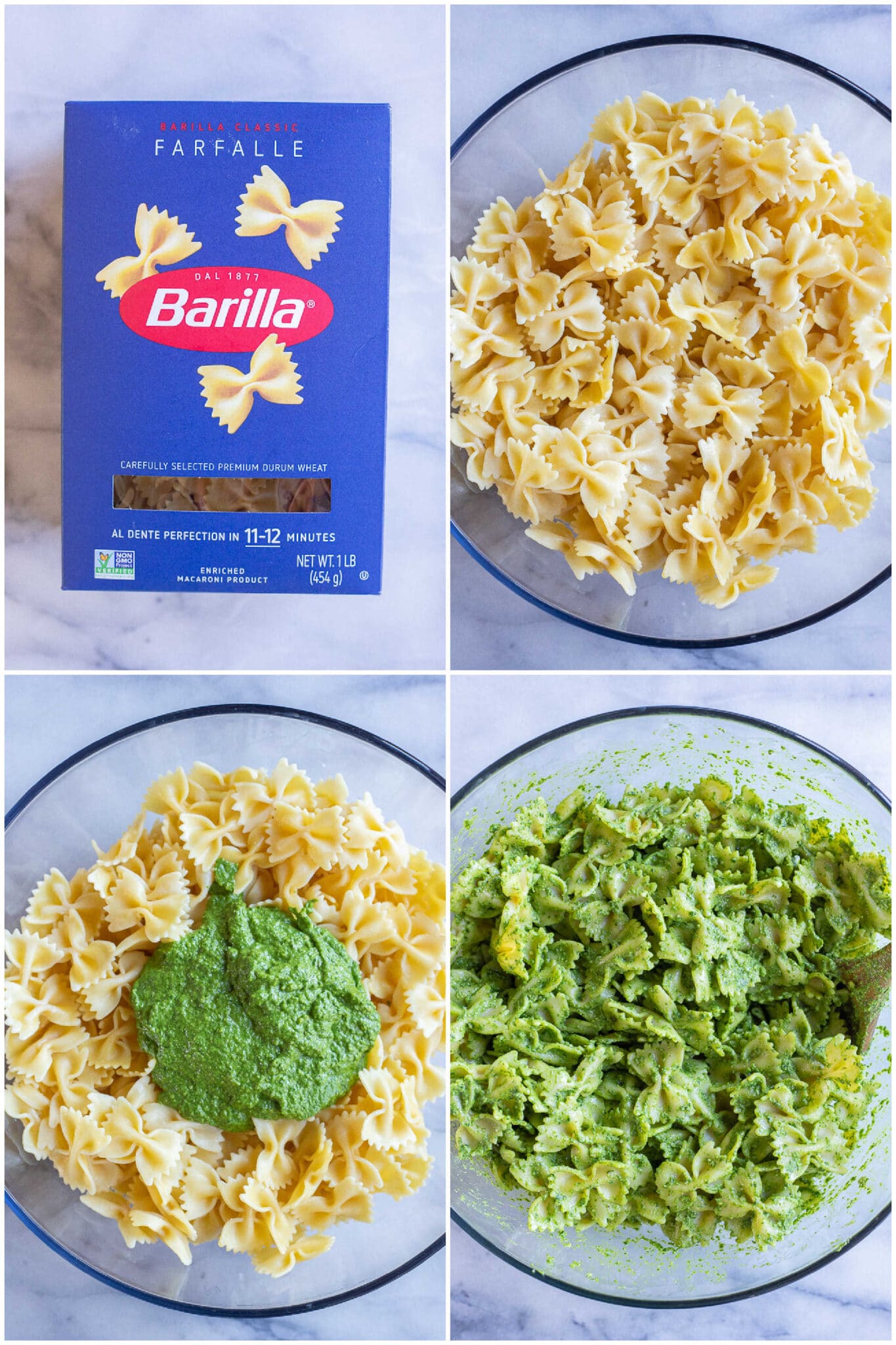 showing how to make a pesto pasta salad with bowtie pasta