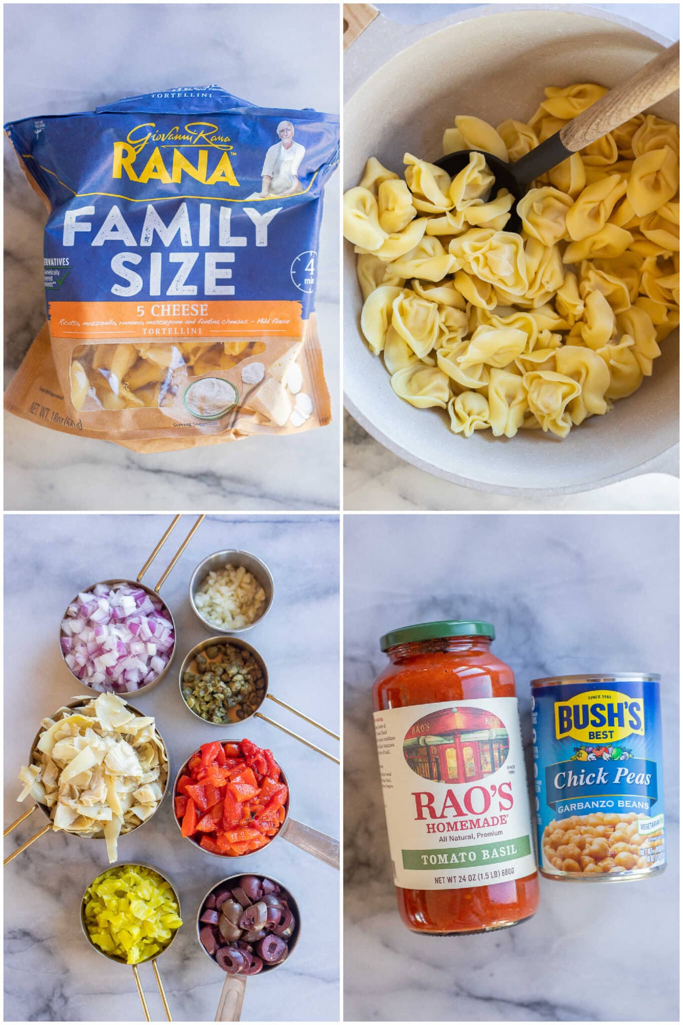 showing how to make this easy vegetarian mediterranean tortellini skillet