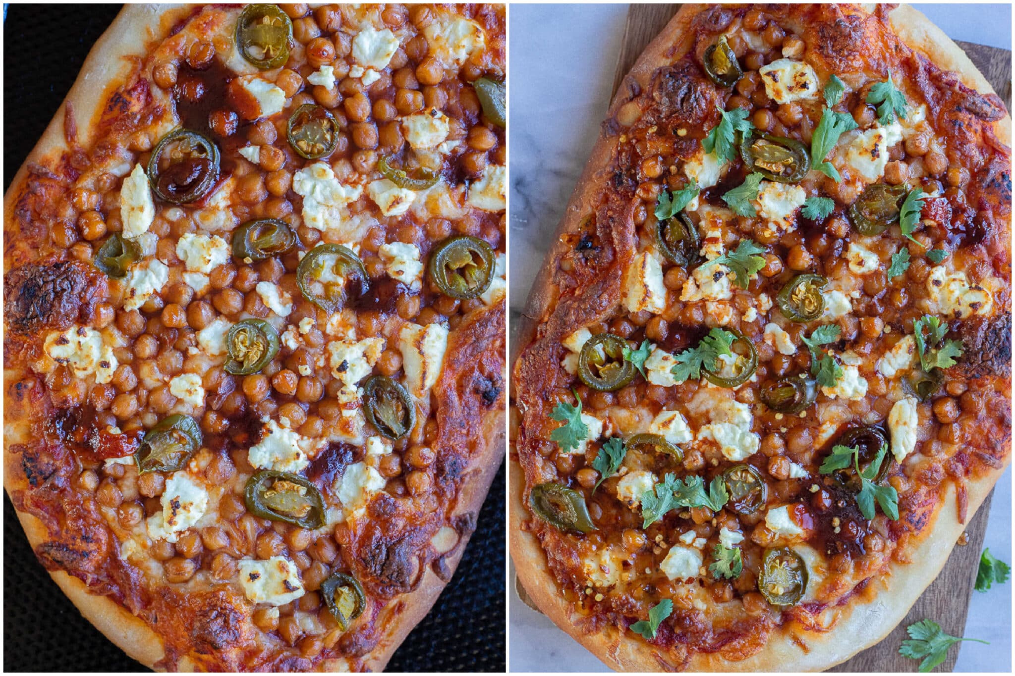 vegetarian bbq chickpea pizza after it has been baked