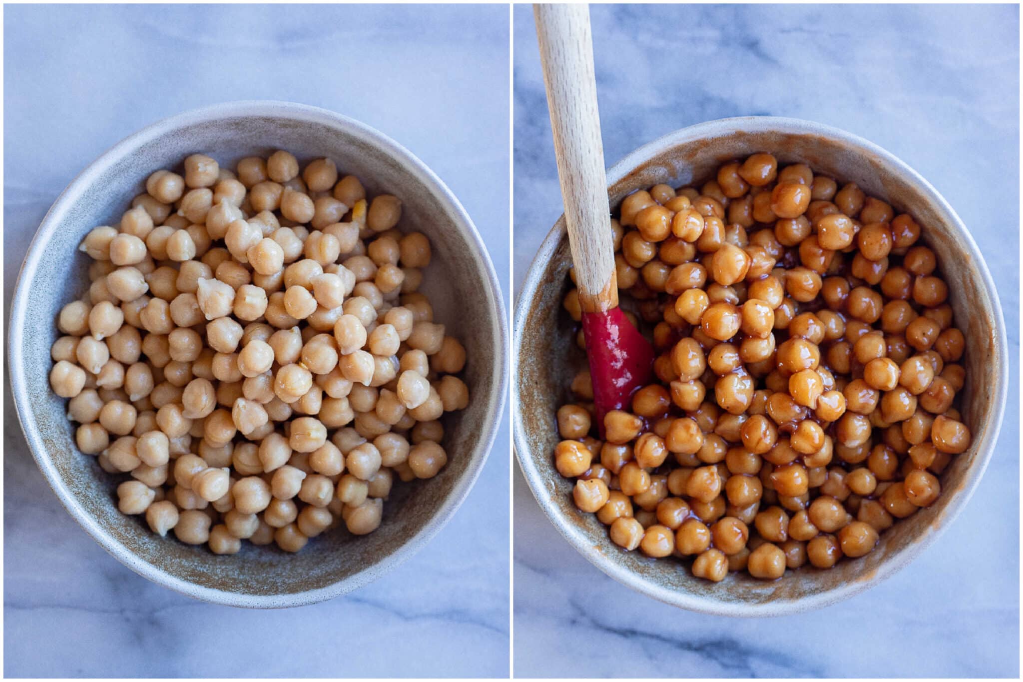 chickpeas being mixed with bbq sauce