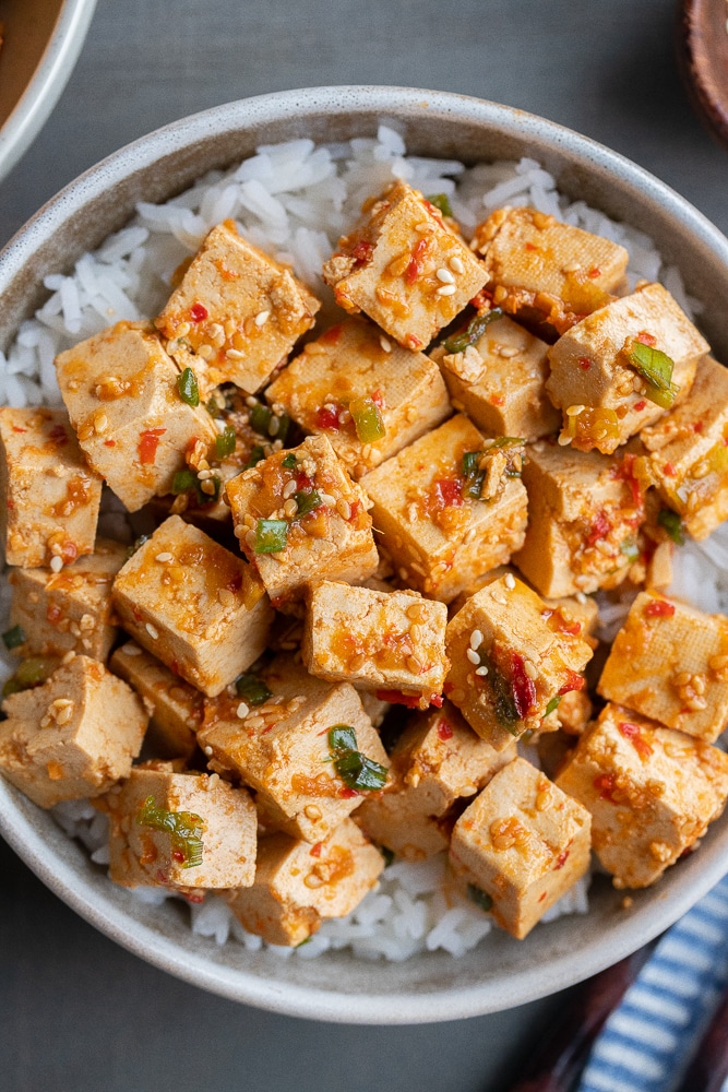 spicy marinated tofu in a bowl with some white rice