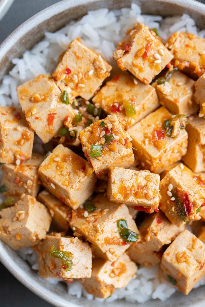 close up of this vegan marinated tofu recipe with rice