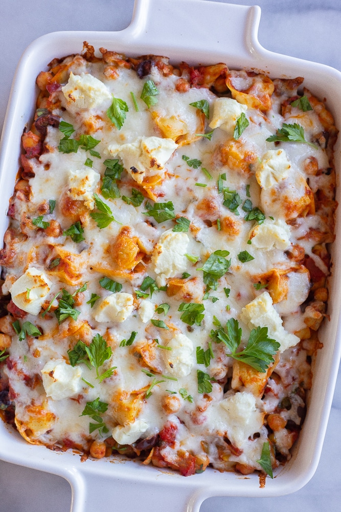 vegetarian tortellini skillet with goat cheese and parsley