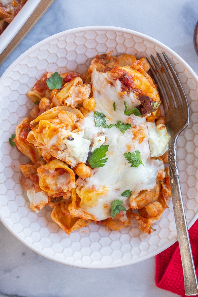 dinner bowl of cheesy tortellini bake