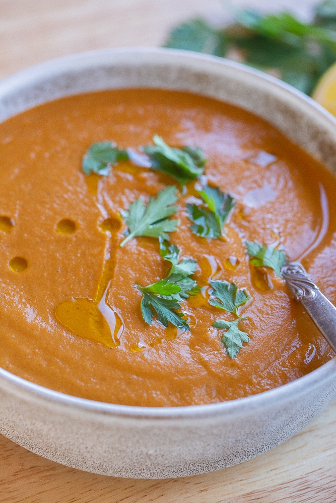 close up of roasted red pepper and eggplant soup