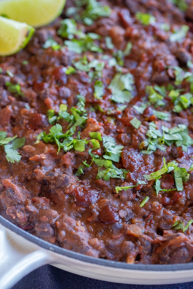 close up of a pan of chipotle flavored black beans