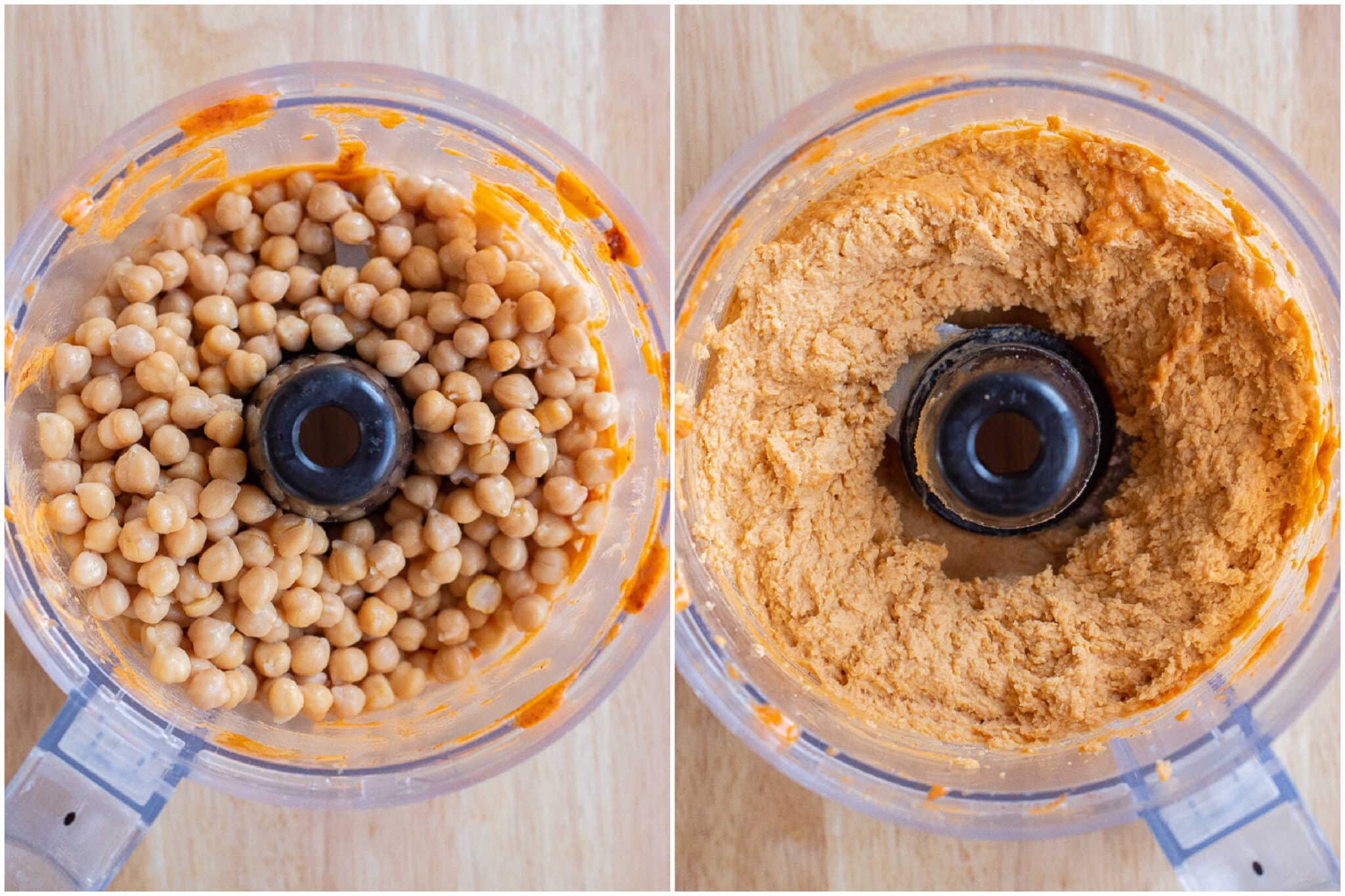 The buffalo hummus before and after it has been blended in a food processor