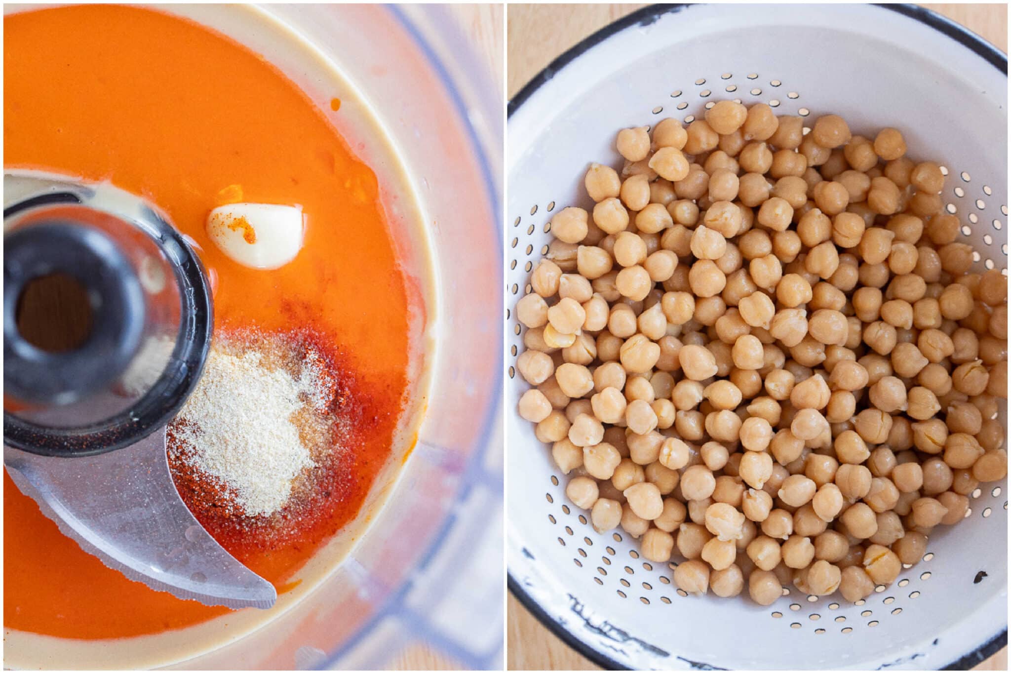 showing how to make this buffalo hummus dip using a food processor and chickpeas