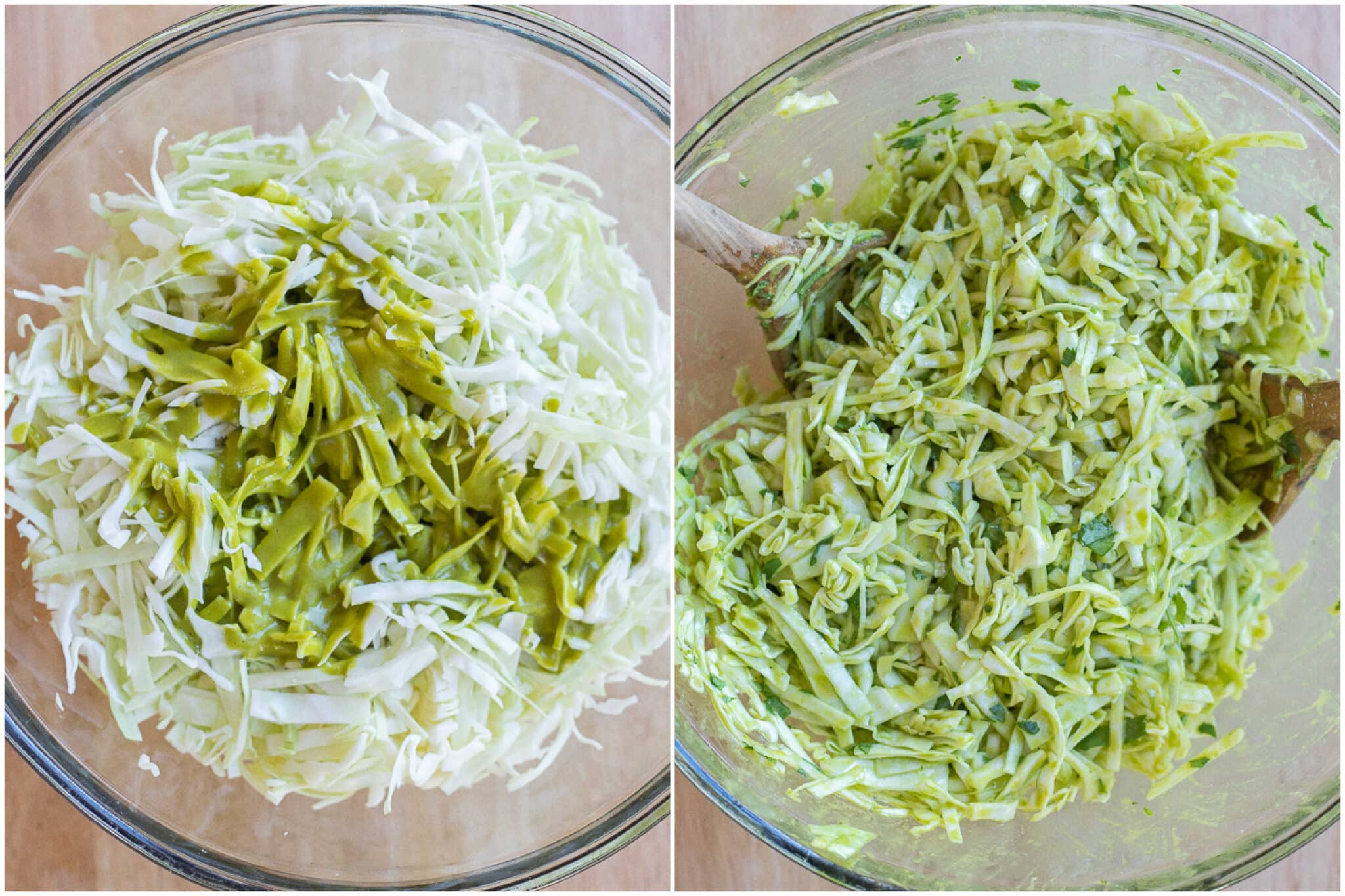 mixing the cilantro lime dressing into the shredded cabbage