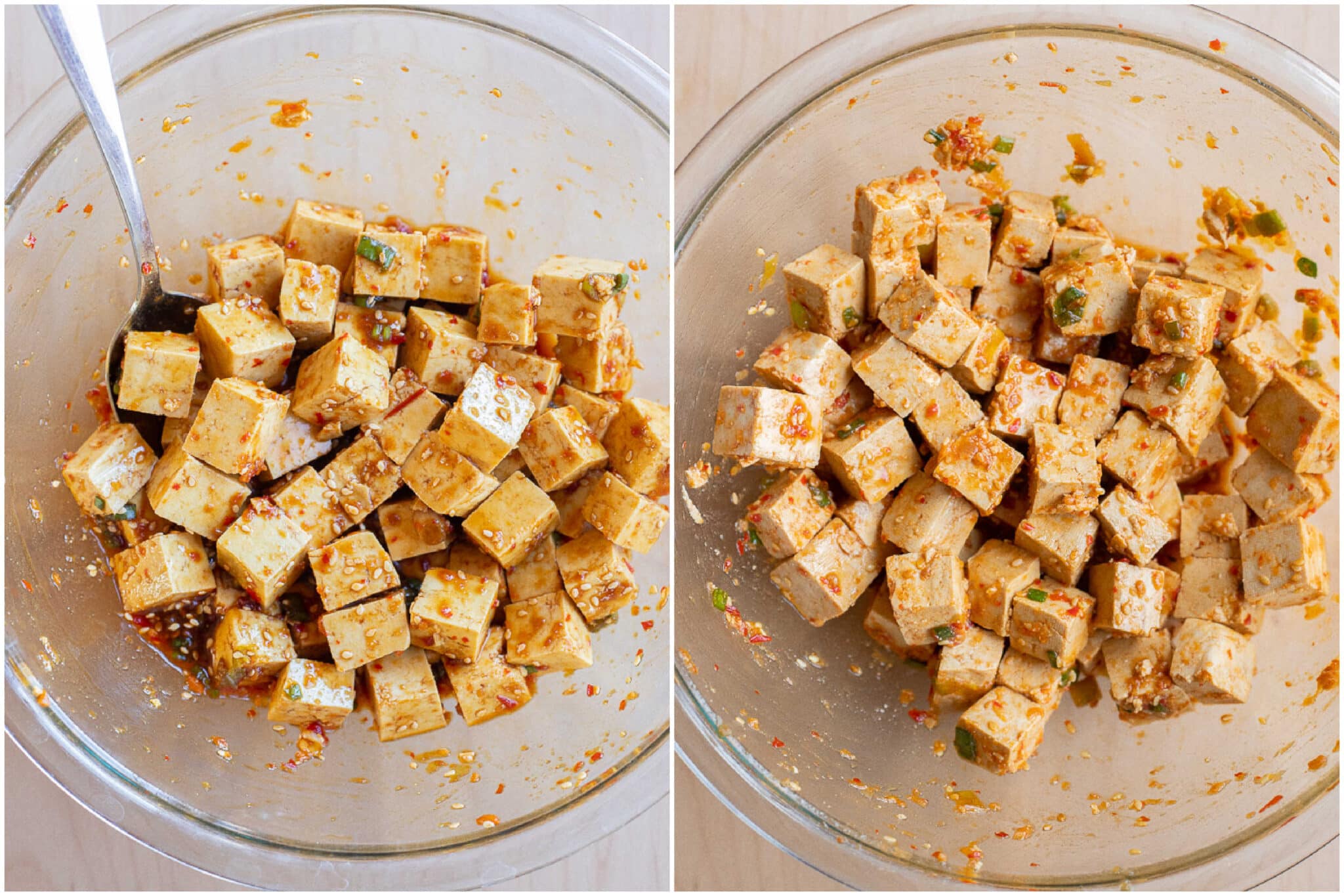 easy marinated tofu before and after it has sat for 24 hours in the refrigerator