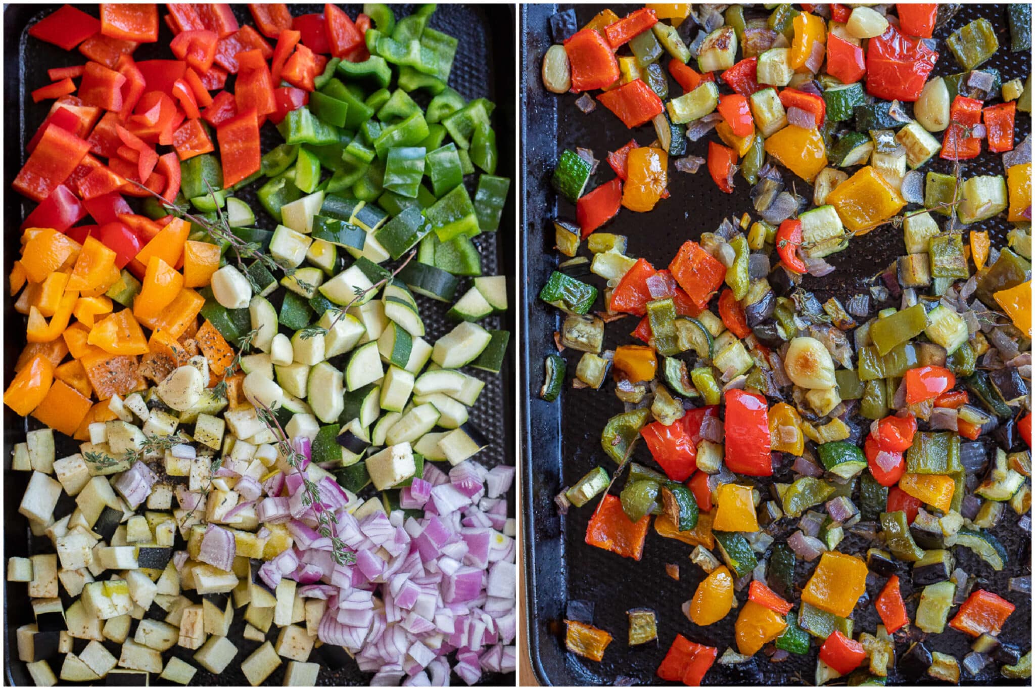 traditional ratatouille vegetables before and after they've been roasted in the oven