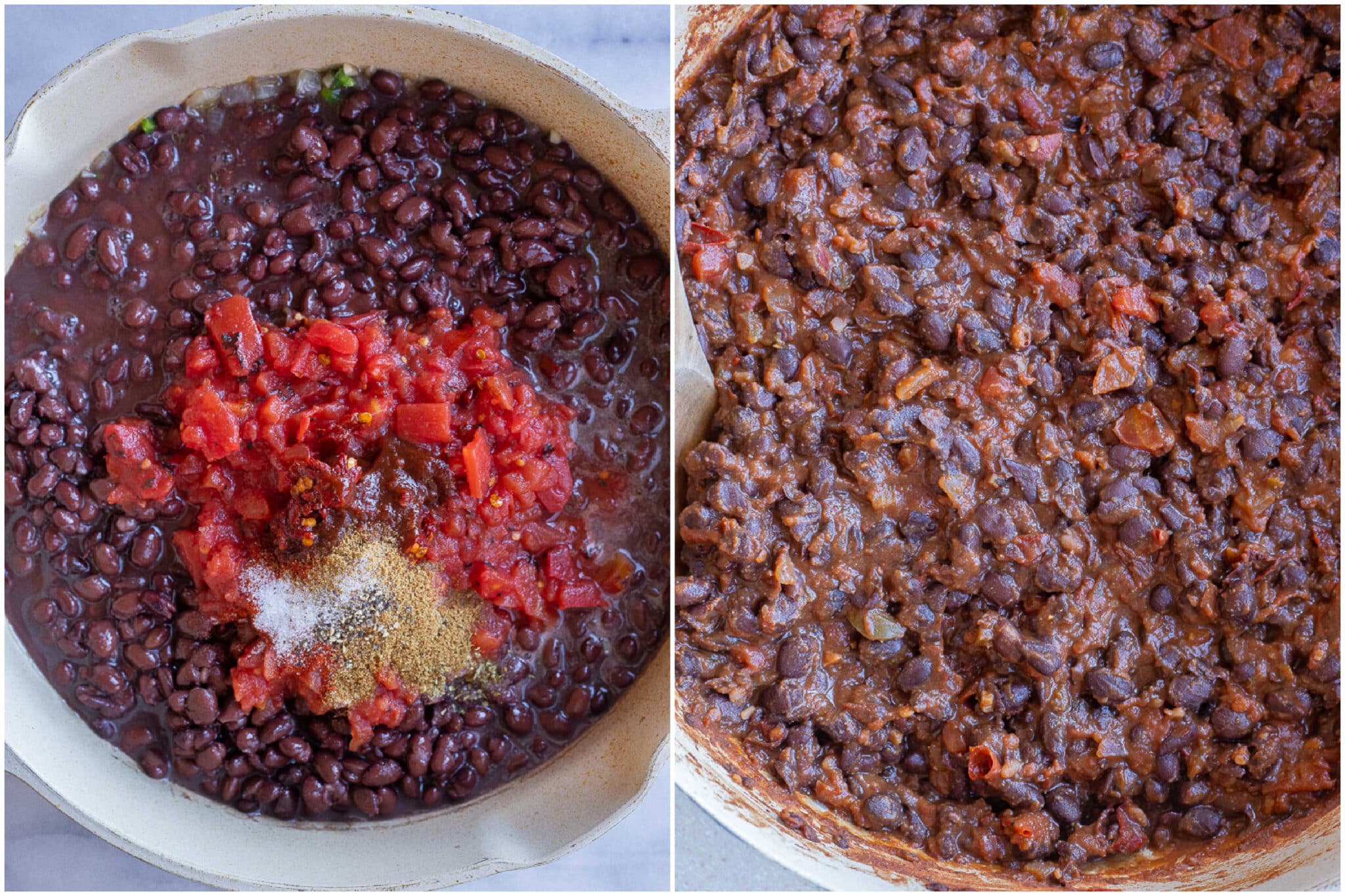 Chipotle black beans before and after they have been mashed and cooked