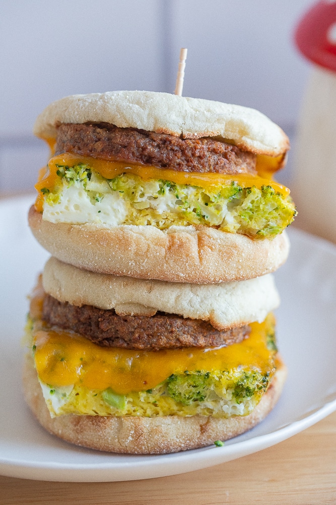 Two high protein vegetarian breakfast sandwiches stacked on top of eachother