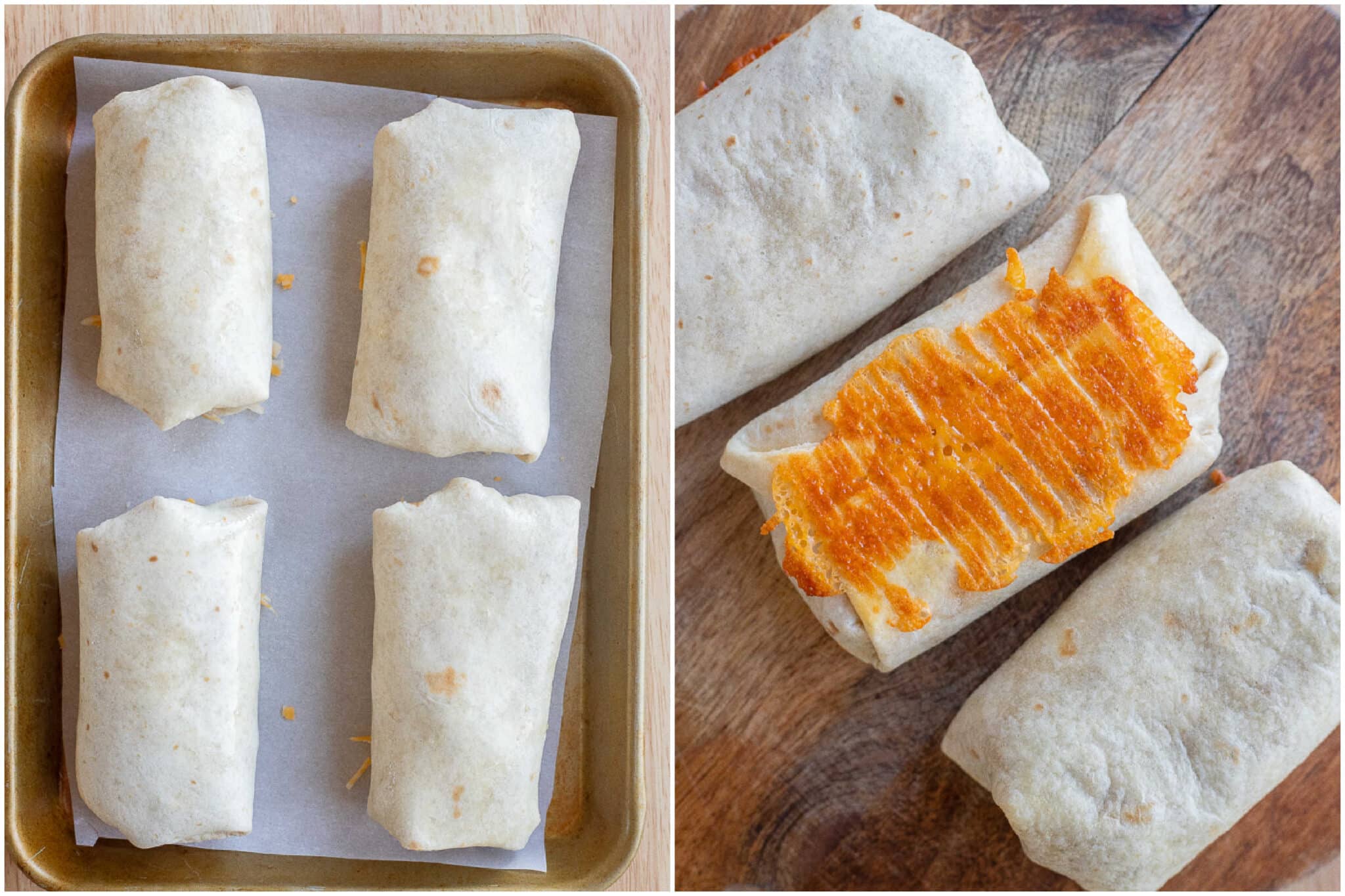 bean and cheese burritos before and after they've been baked in the oven