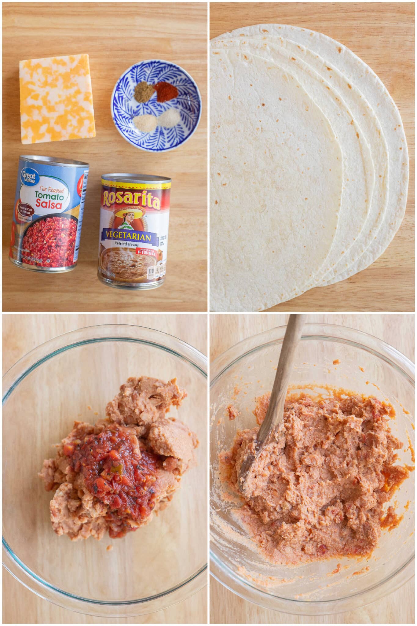 showing all the ingredients needed to make these cheap and easy bean and cheese burritos