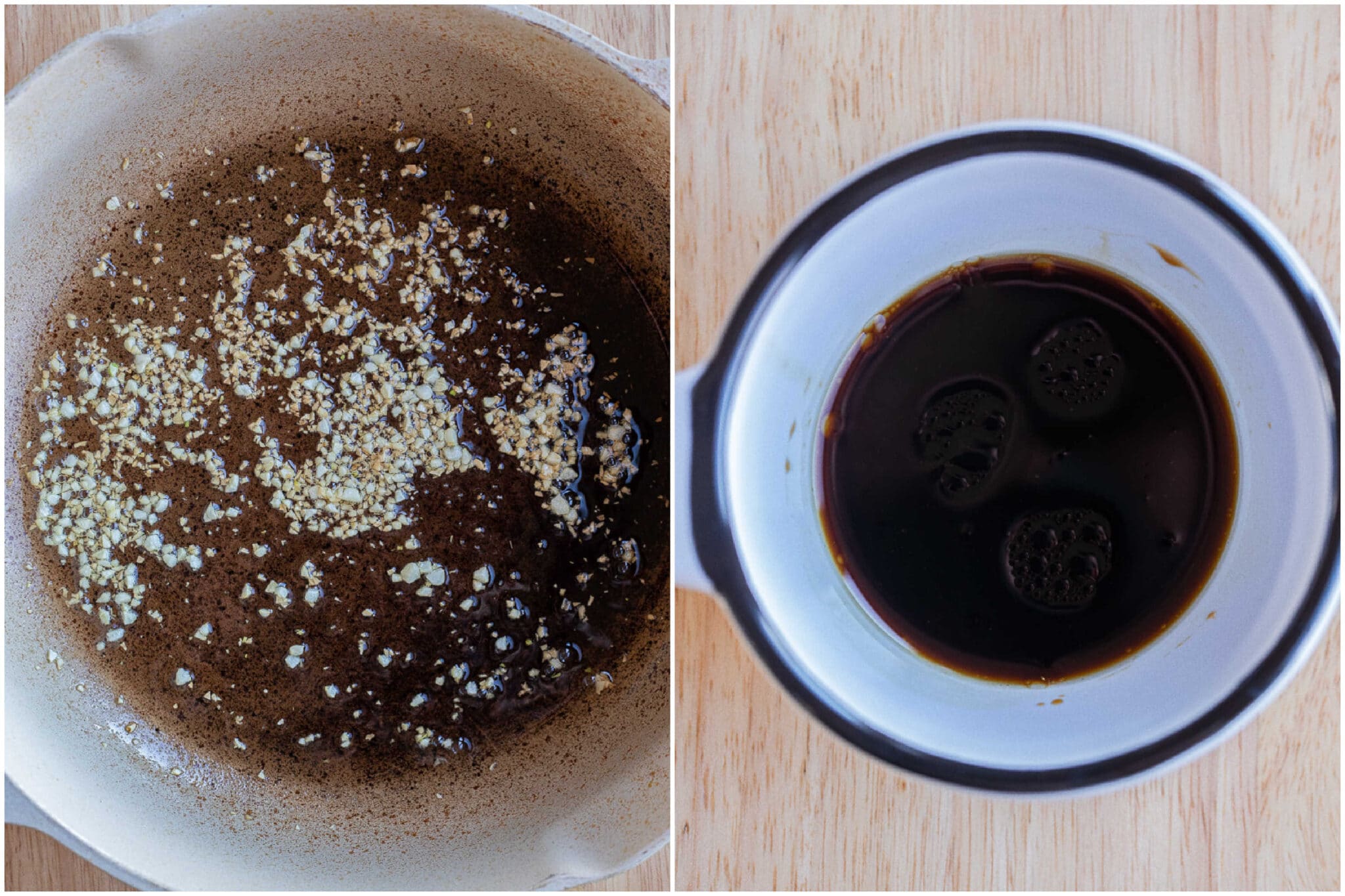 minced garlic cooking in a frying pan and a bowl of soy sauce