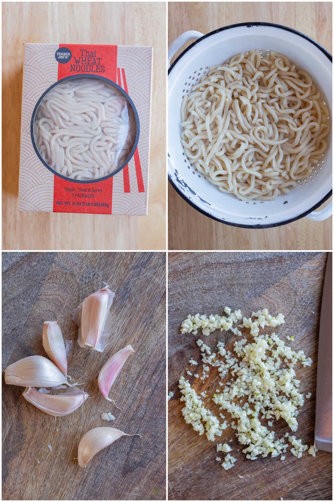 showing how to prepare this garlic noodle recipe using wheat noodles and fresh garlic