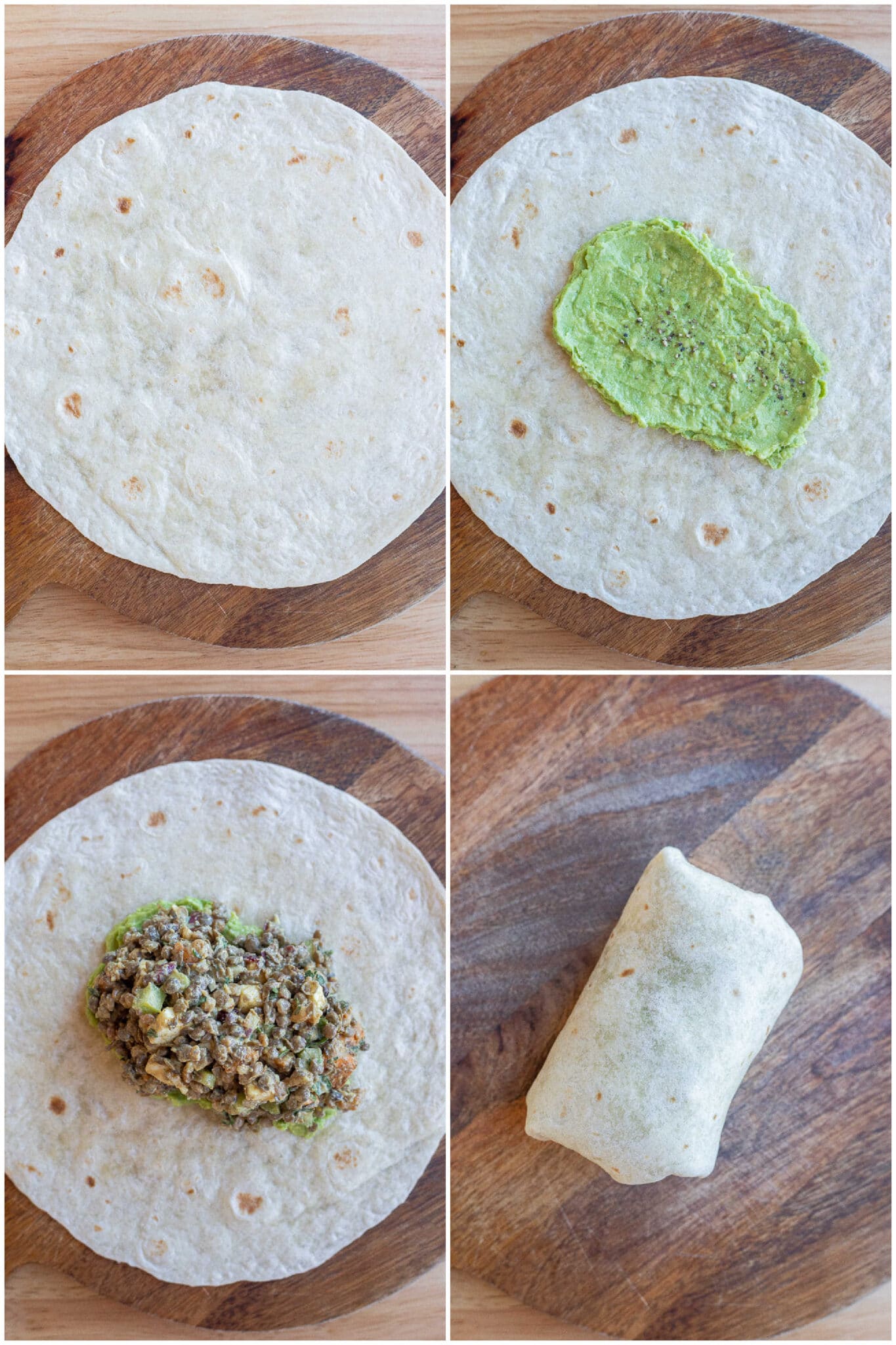 showing how to make a curried lentil wrap with roasted sweet potato