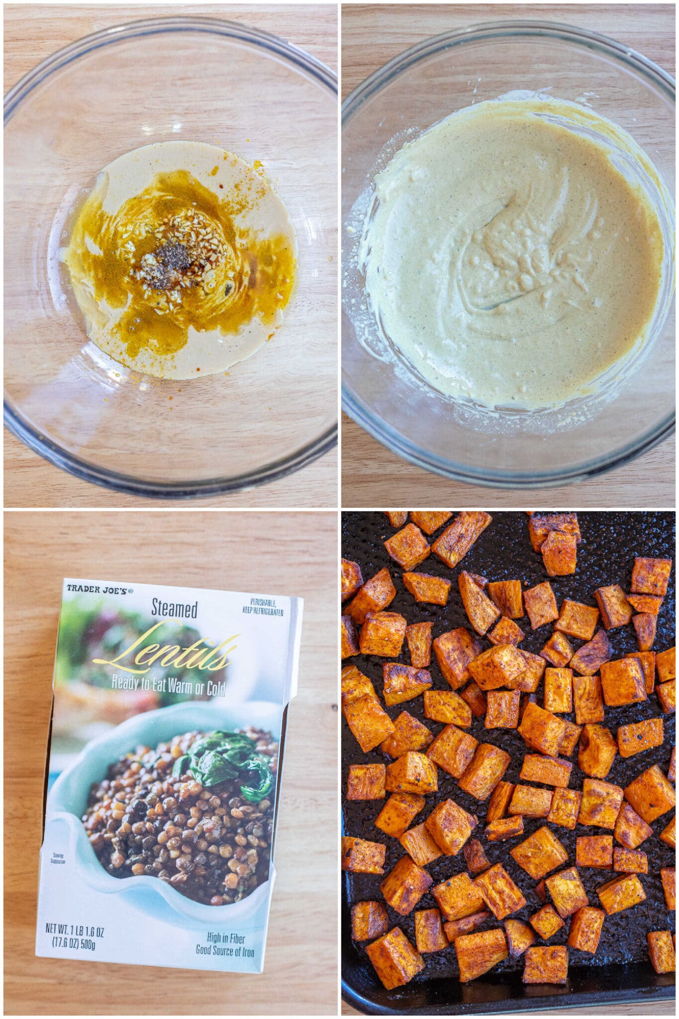 showing how to make the curry tahini dressing and roasted sweet potatoes