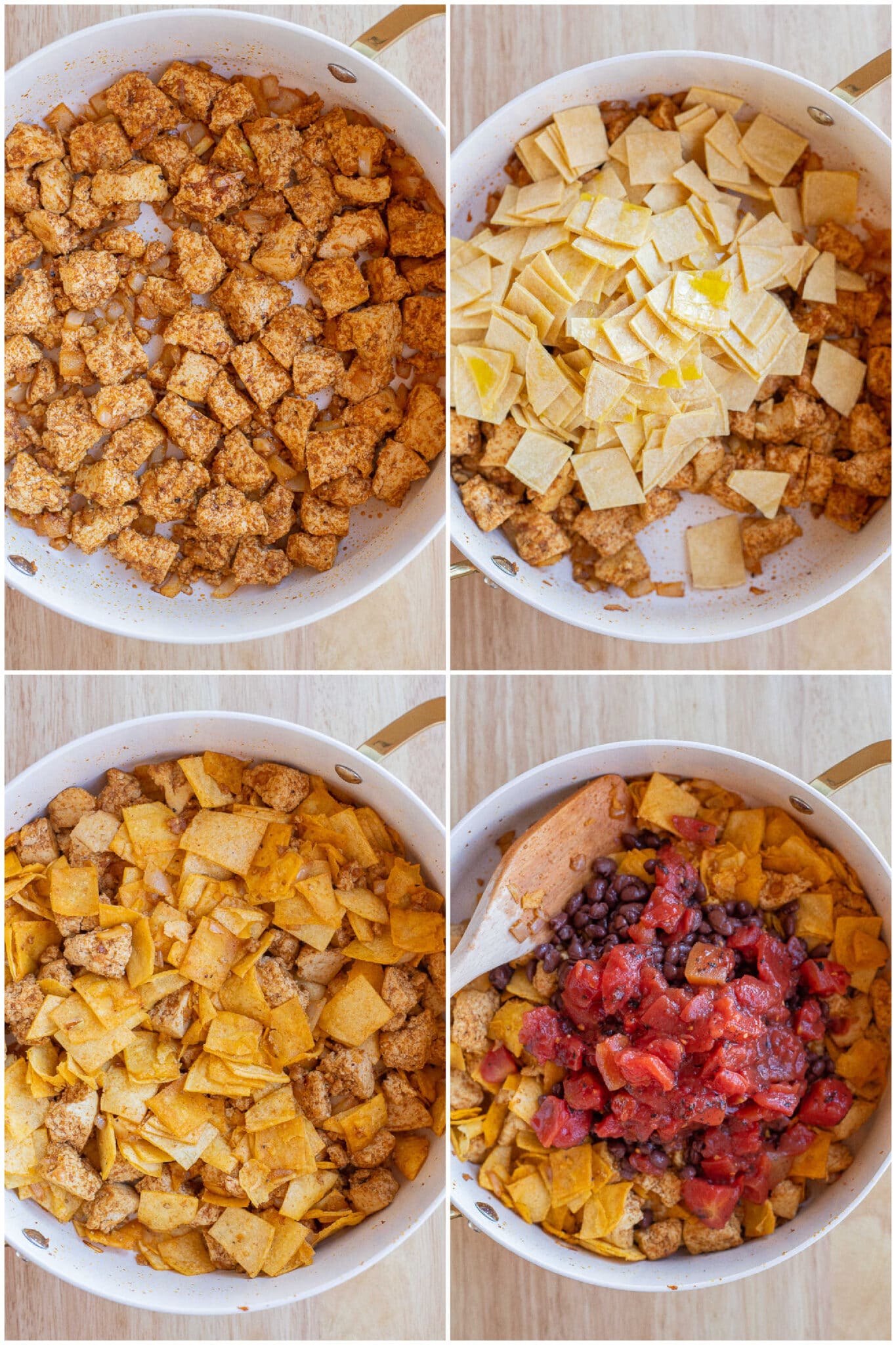 showing how to assemble and cook the skillet enchiladas with tofu and black beans